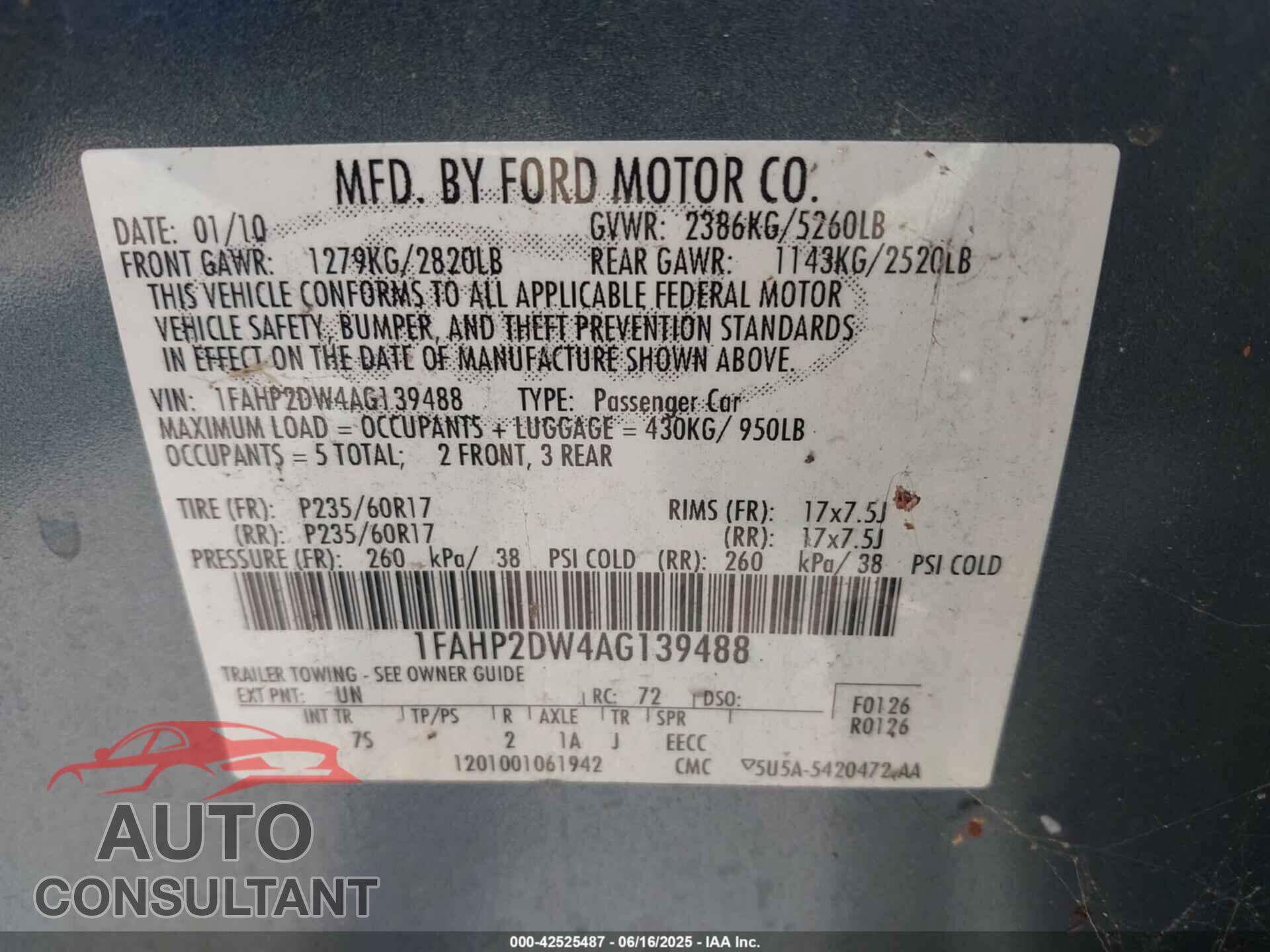 FORD TAURUS 2010 - 1FAHP2DW4AG139488