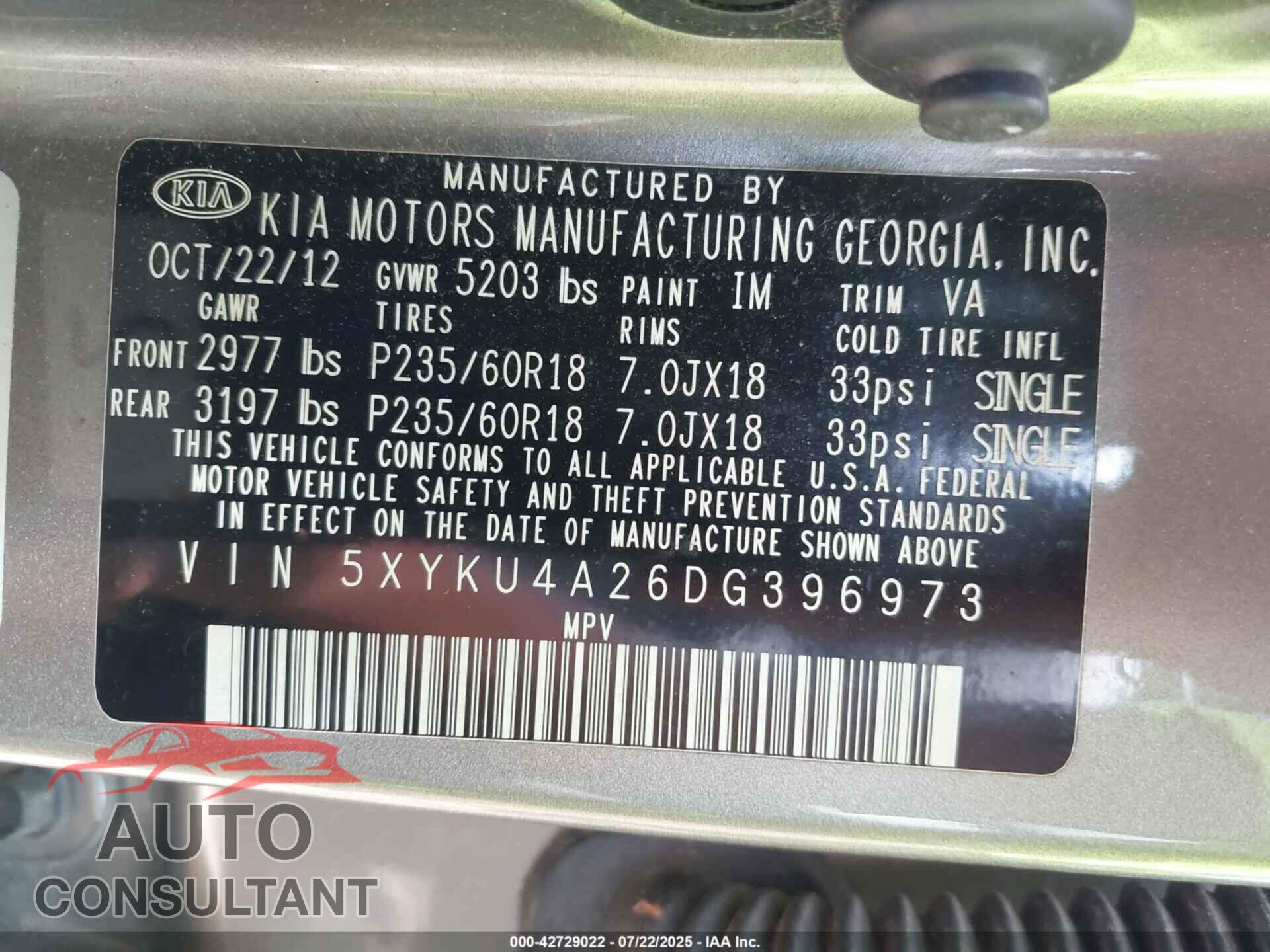 KIA SORENTO 2013 - 5XYKU4A26DG396973