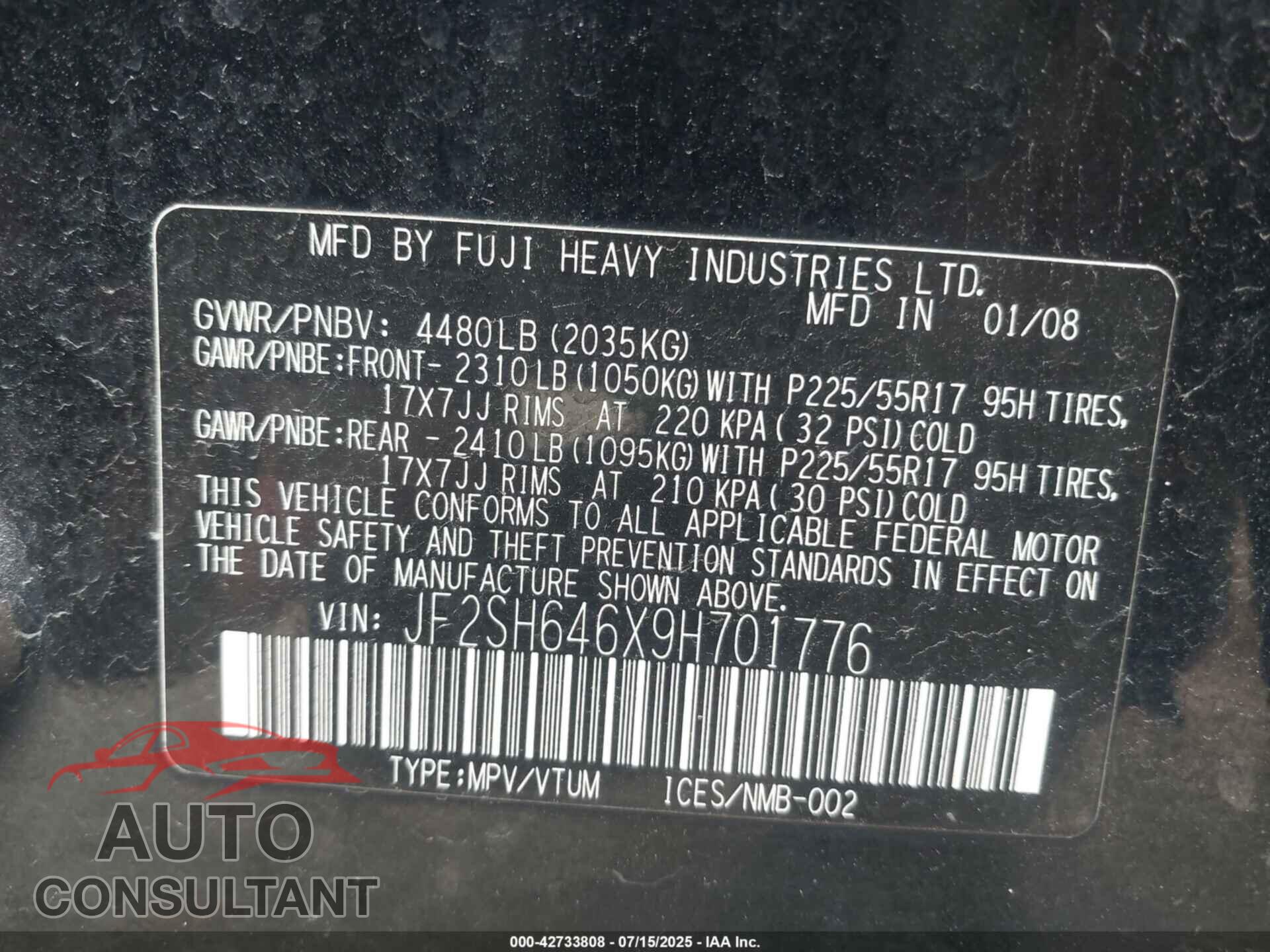 SUBARU FORESTER 2009 - JF2SH646X9H701776