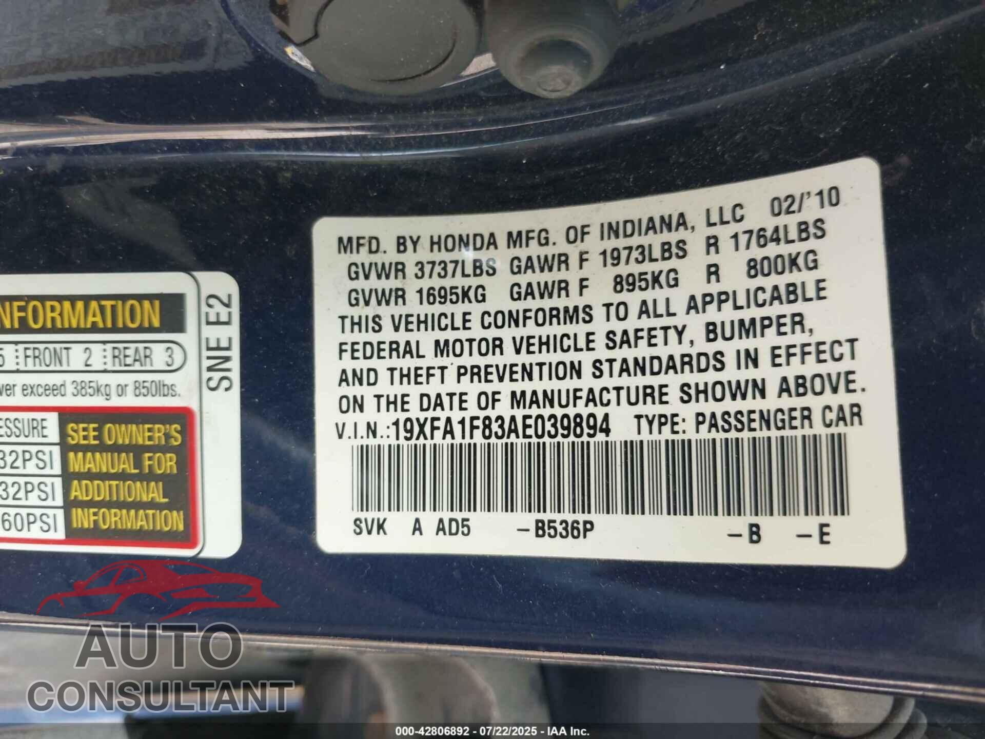 HONDA CIVIC 2010 - 19XFA1F83AE039894