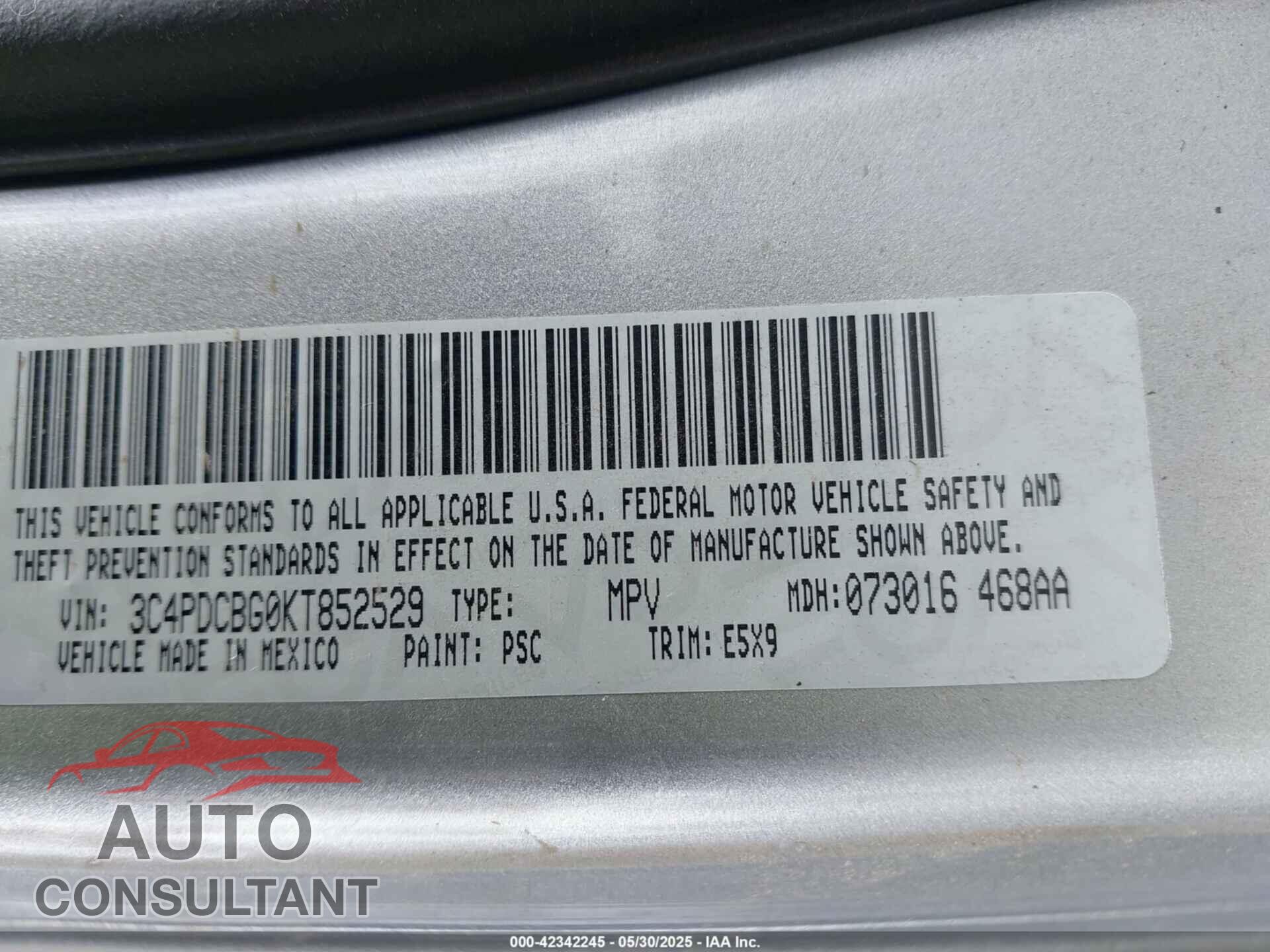 DODGE JOURNEY 2019 - 3C4PDCBG0KT852529