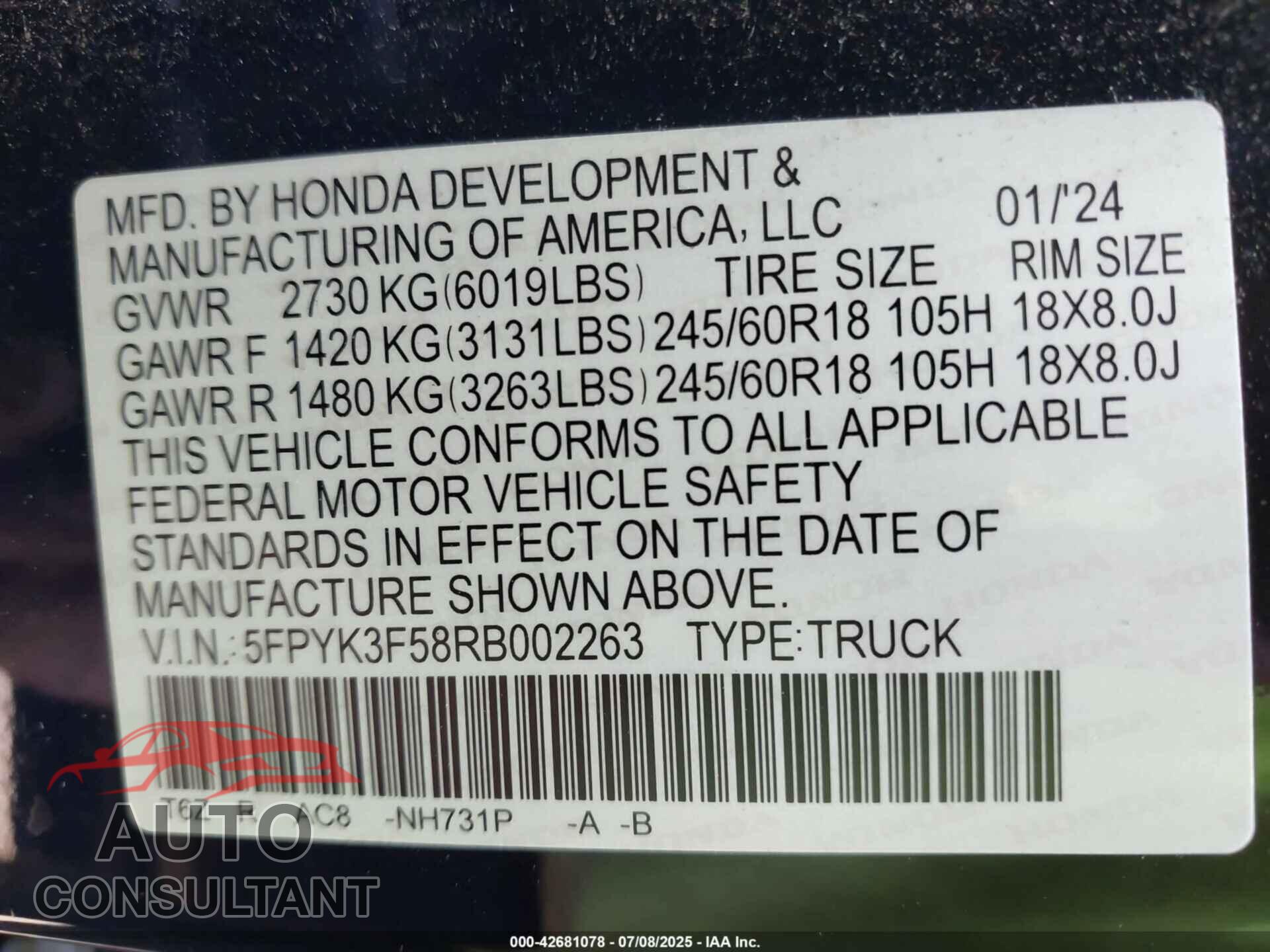HONDA RIDGELINE 2024 - 5FPYK3F58RB002263
