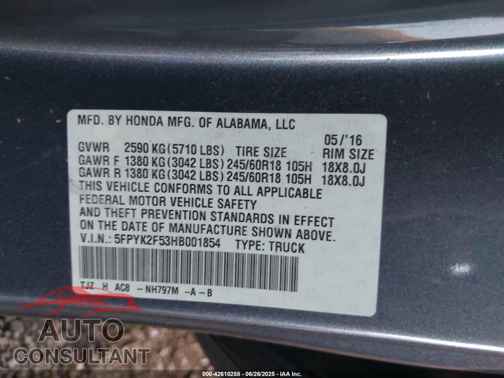 HONDA RIDGELINE 2017 - 5FPYK2F53HB001854