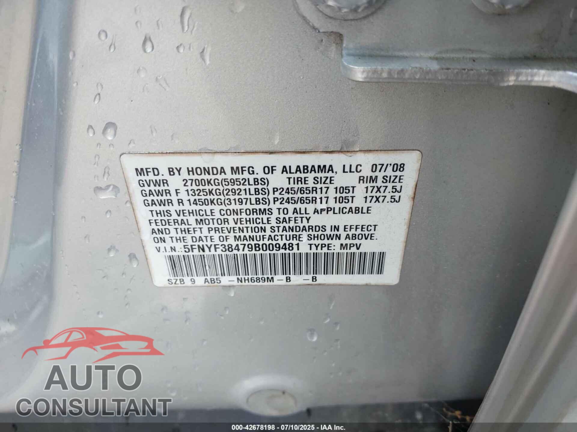 HONDA PILOT 2009 - 5FNYF38479B009481