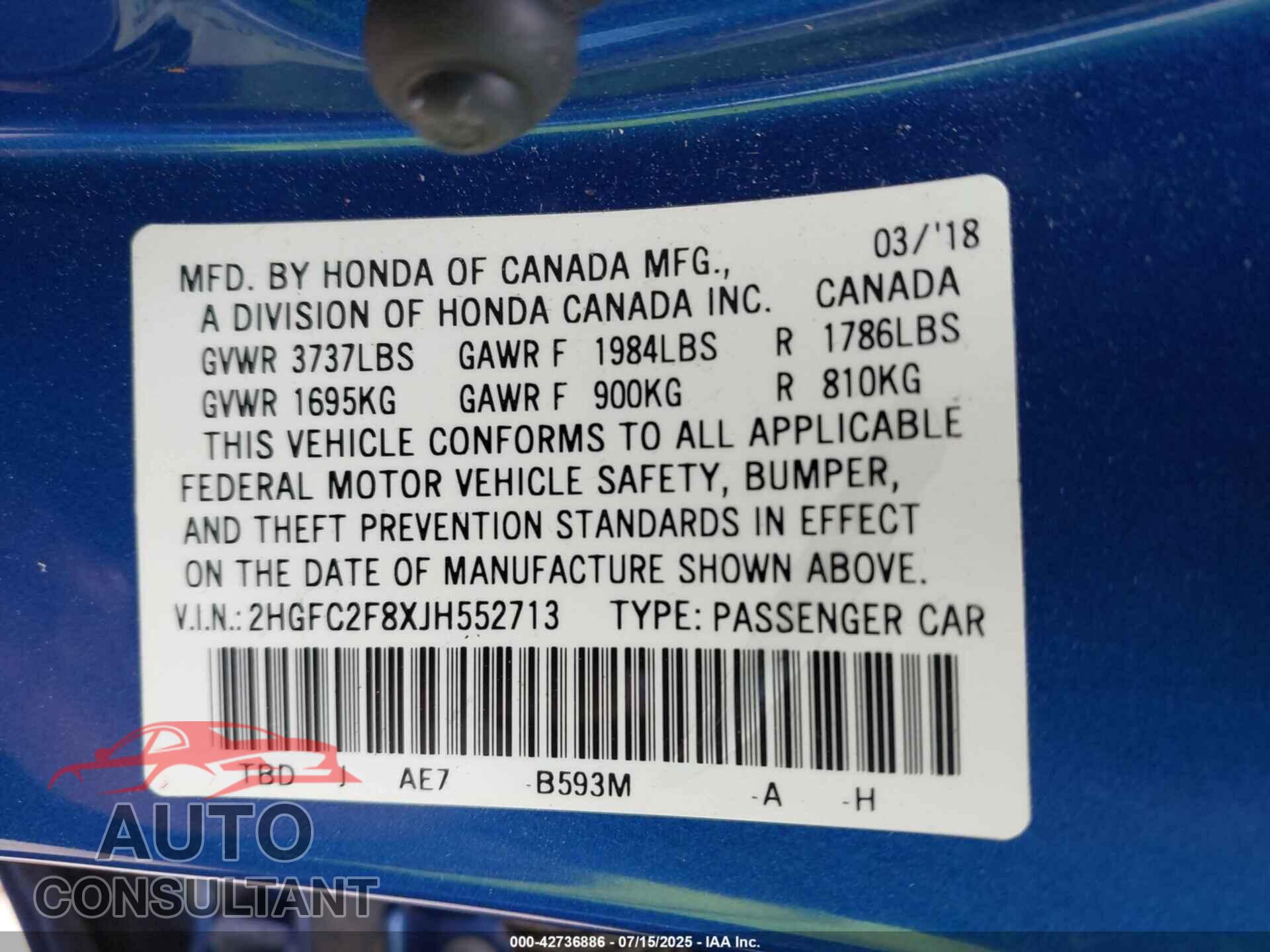 HONDA CIVIC 2018 - 2HGFC2F8XJH552713