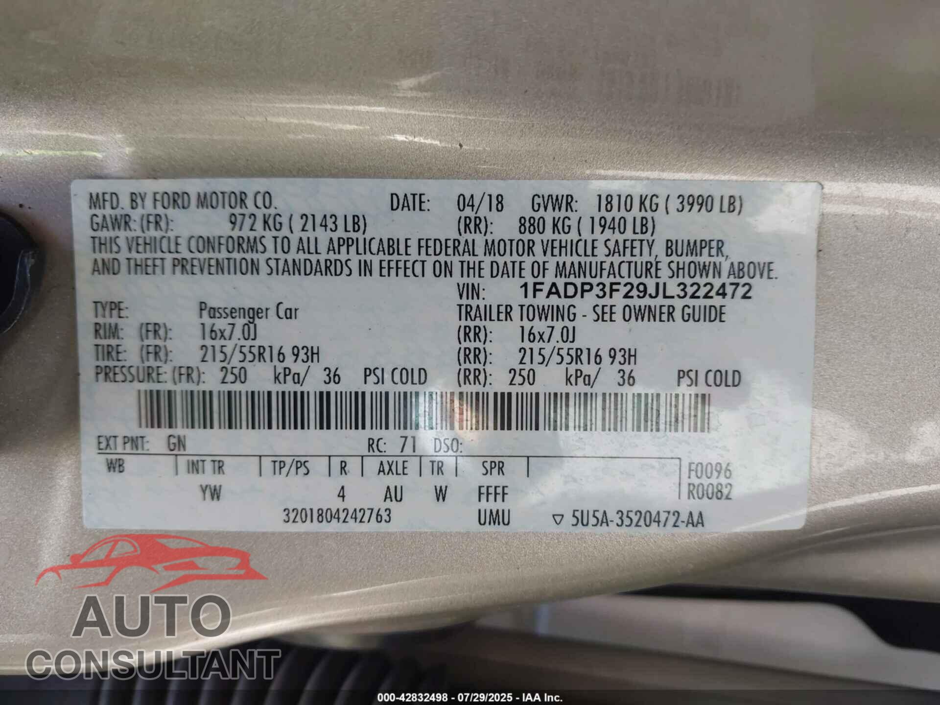 FORD FOCUS 2018 - 1FADP3F29JL322472