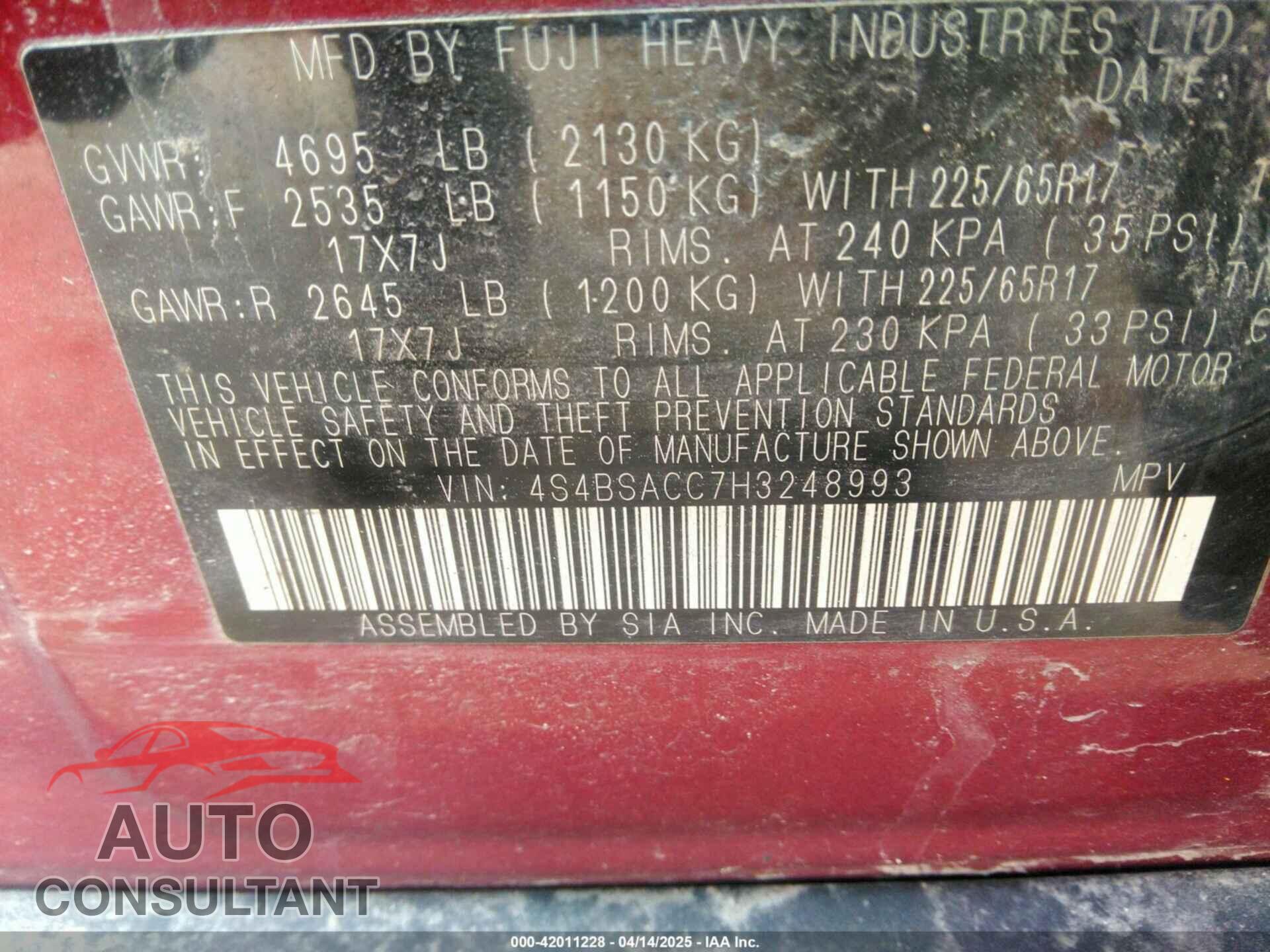 SUBARU OUTBACK 2017 - 4S4BSACC7H3248993