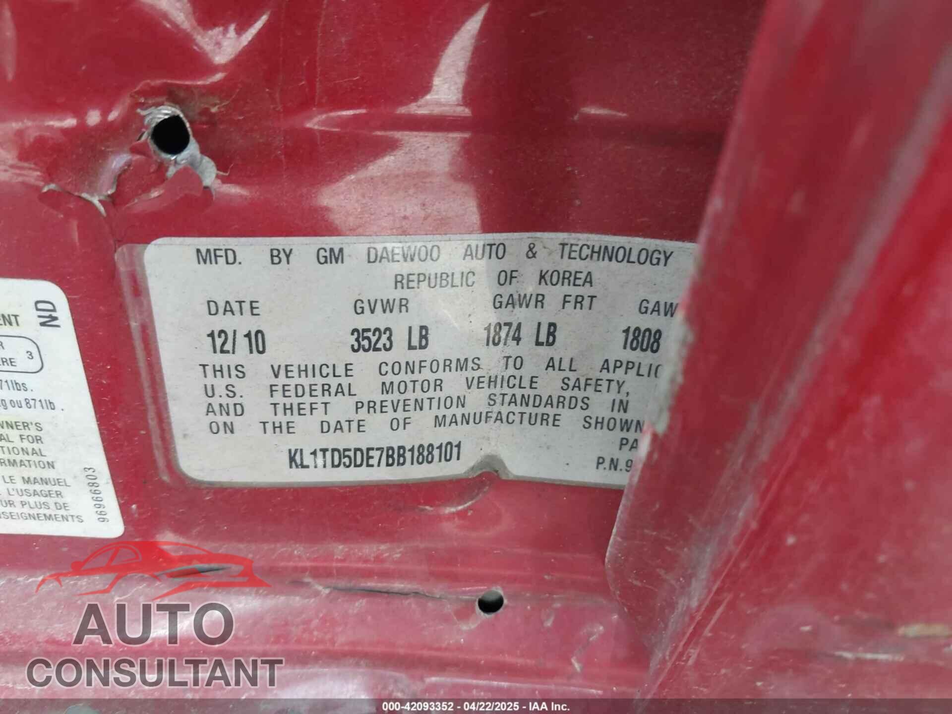 CHEVROLET AVEO 2011 - KL1TD5DE7BB188101