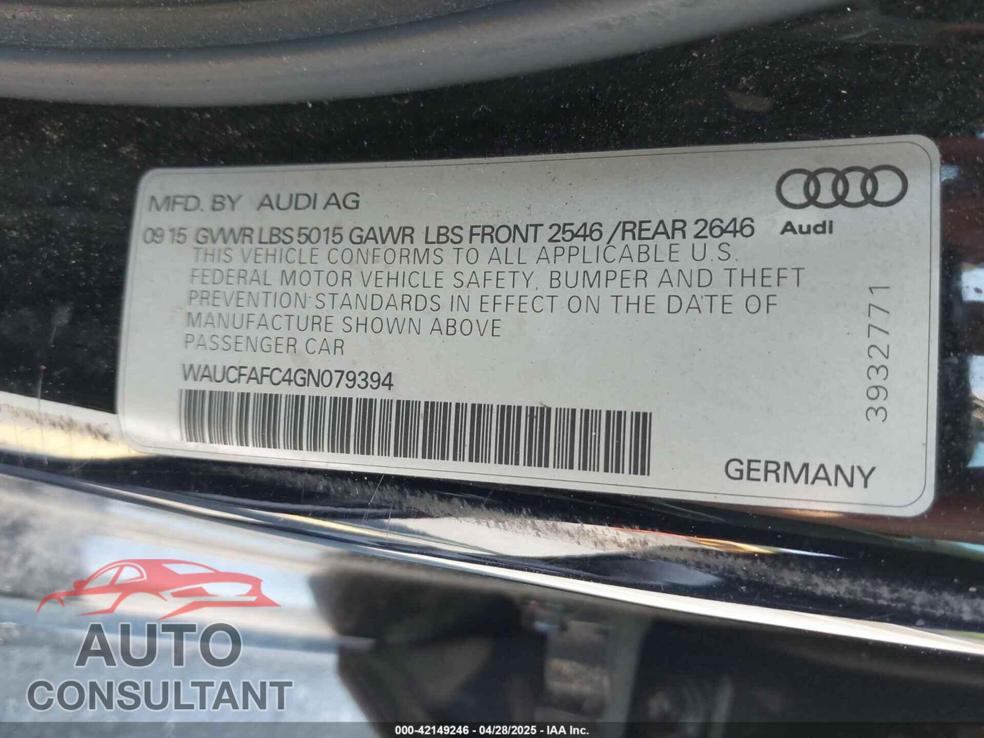 AUDI A6 2016 - WAUCFAFC4GN079394