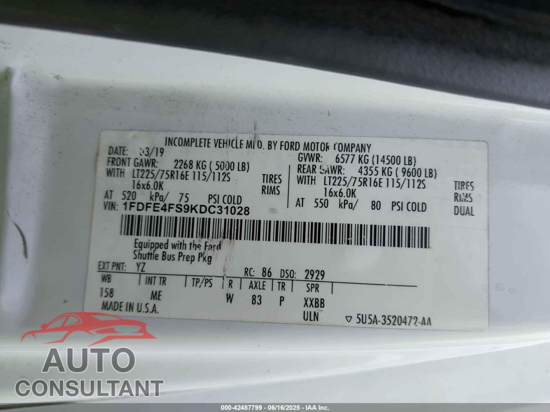 FORD E-450 CUTAWAY 2019 - 1FDFE4FS9KDC31028