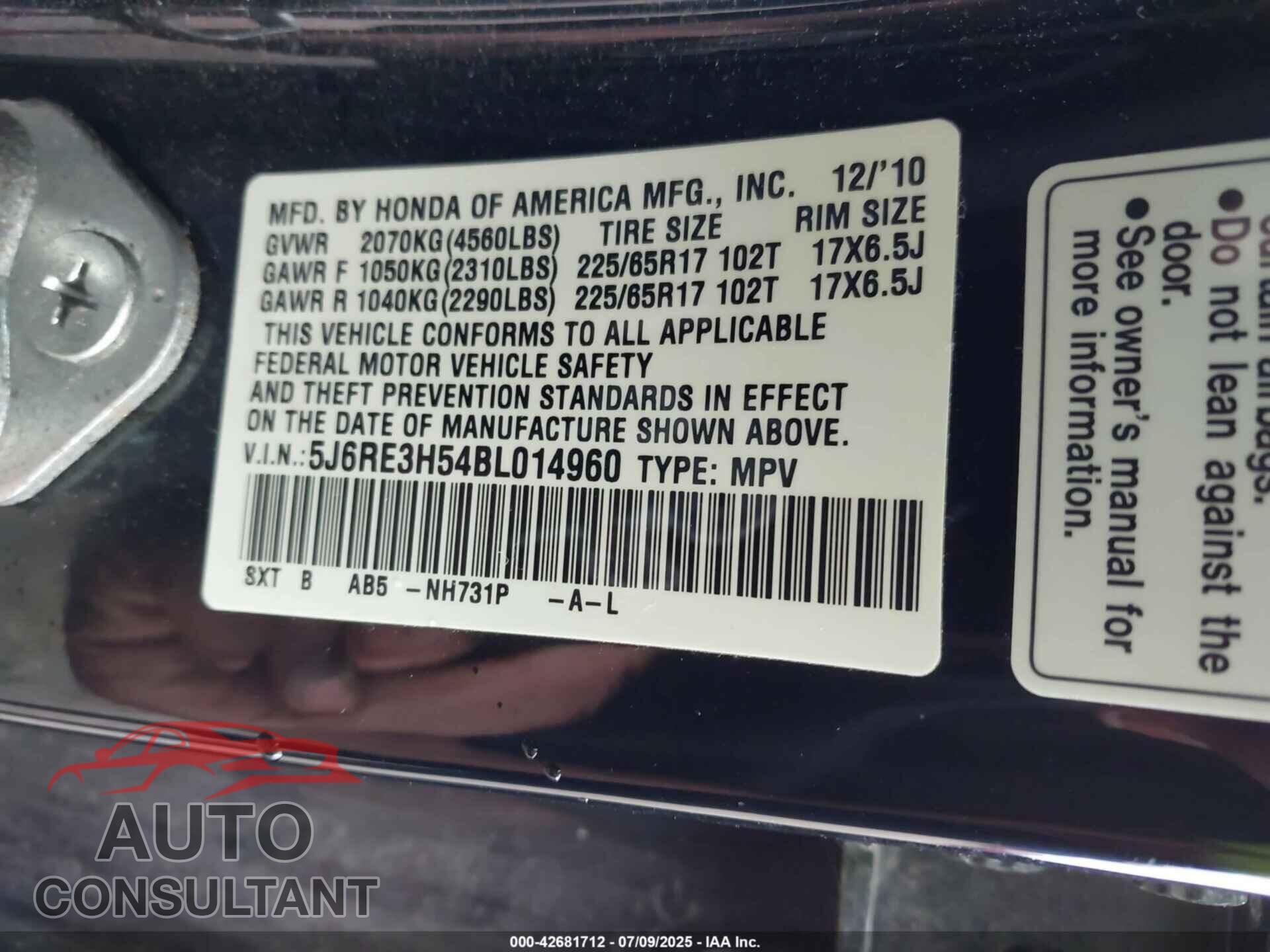 HONDA CR-V 2011 - 5J6RE3H54BL014960