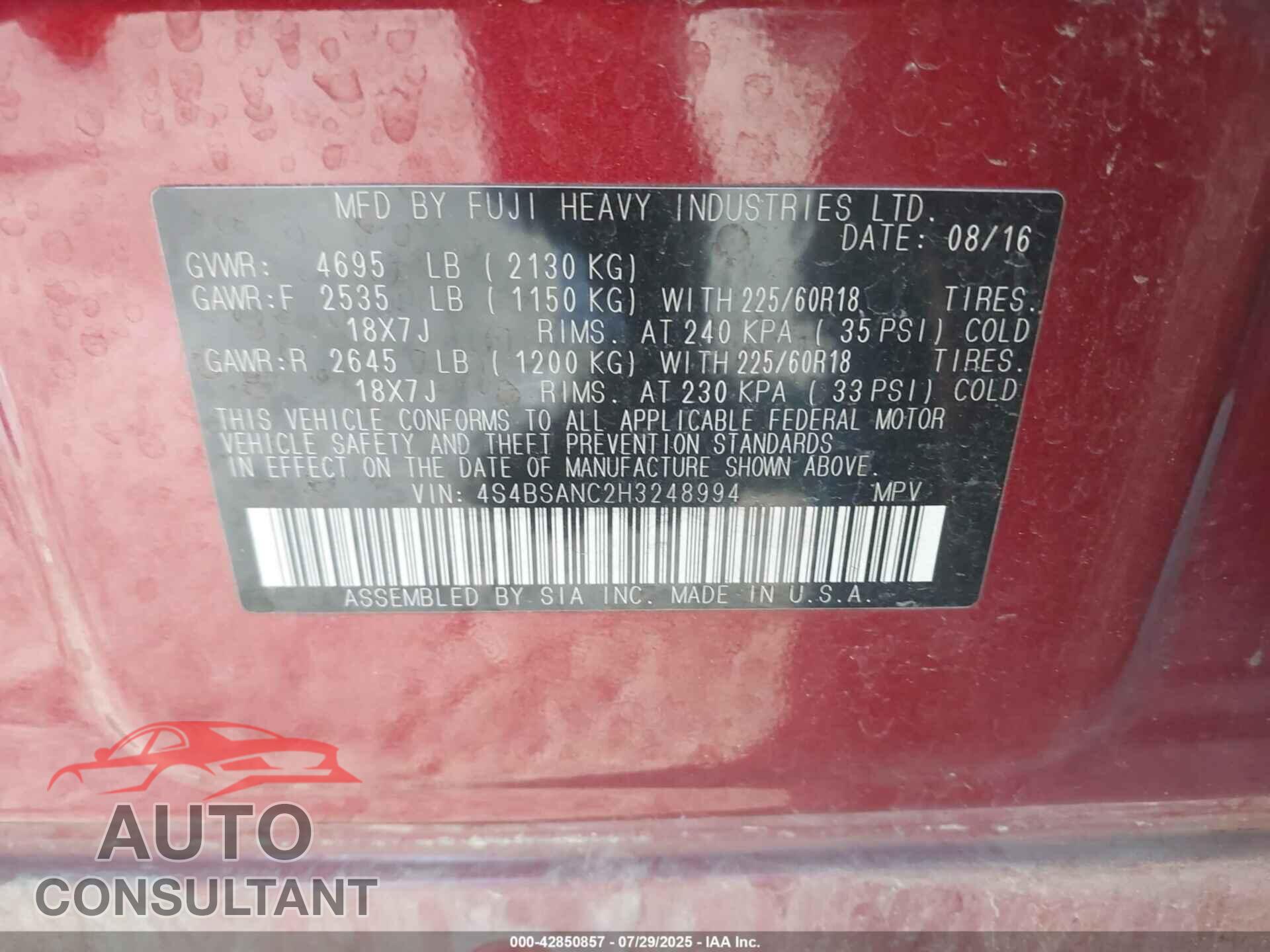 SUBARU OUTBACK 2017 - 4S4BSANC2H3248994