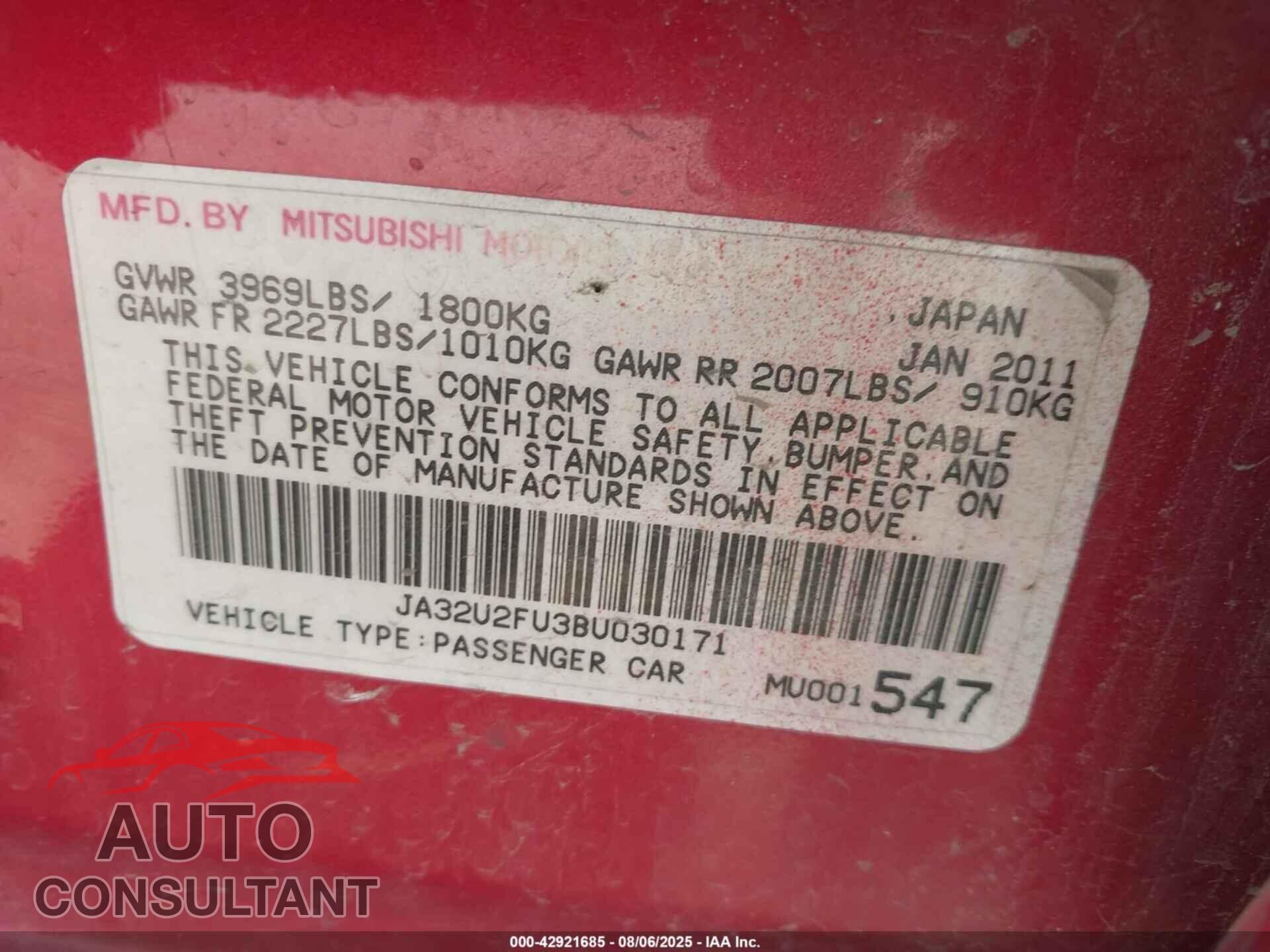 MITSUBISHI LANCER 2011 - JA32U2FU3BU030171
