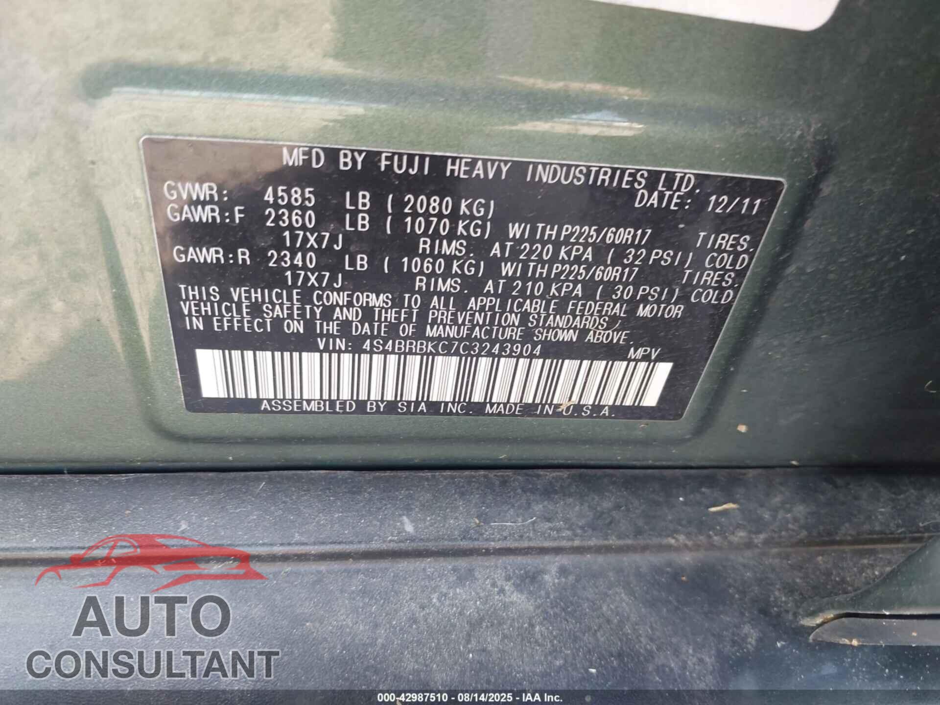 SUBARU OUTBACK 2012 - 4S4BRBKC7C3243904