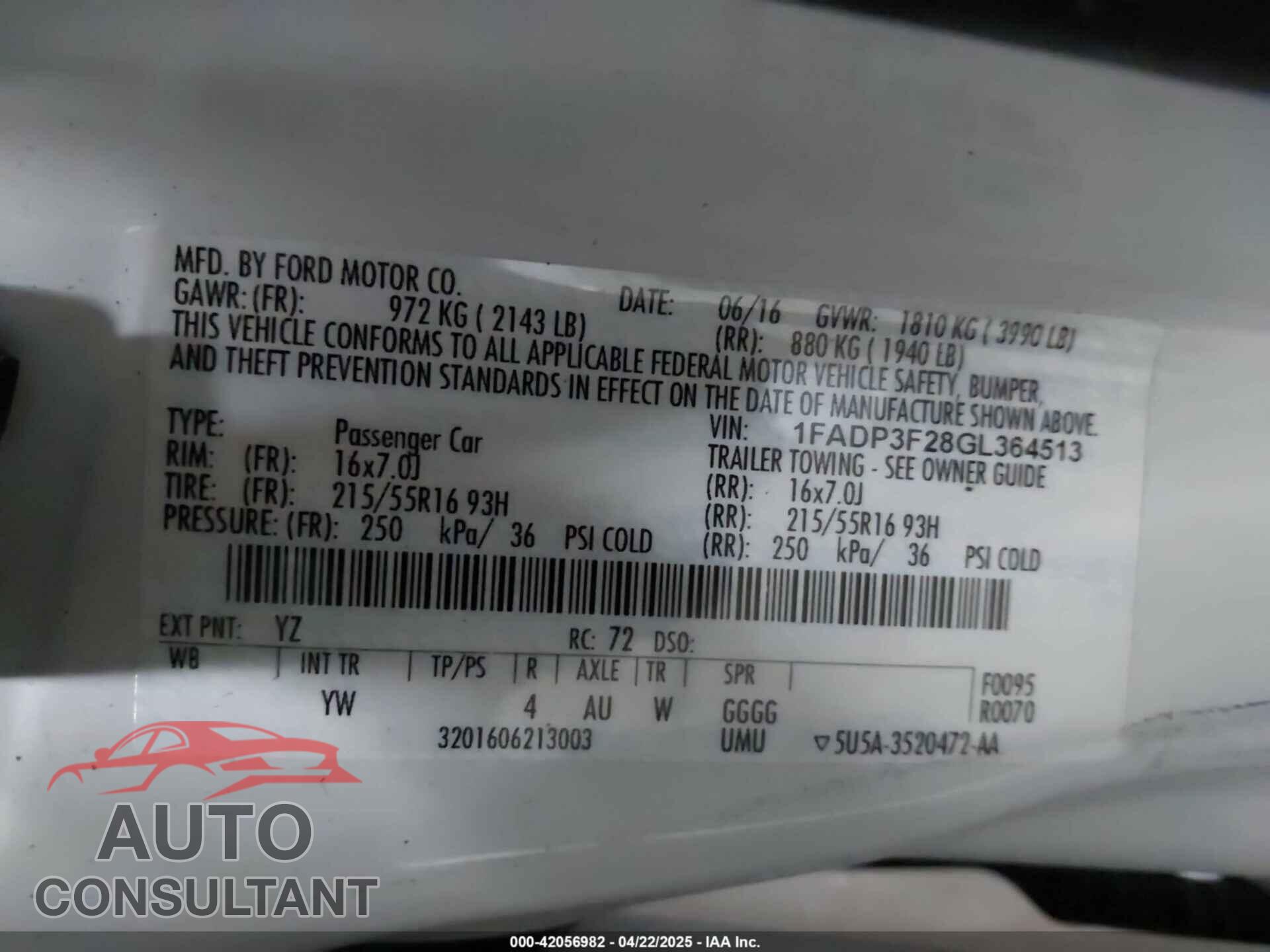 FORD FOCUS 2016 - 1FADP3F28GL364513