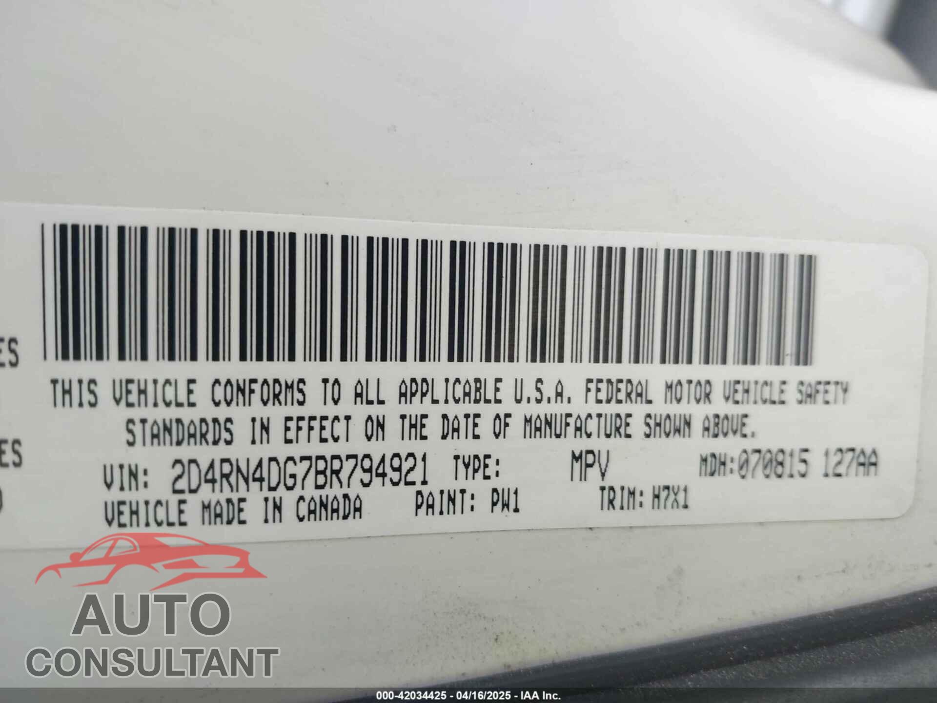 DODGE GRAND CARAVAN 2011 - 2D4RN4DG7BR794921