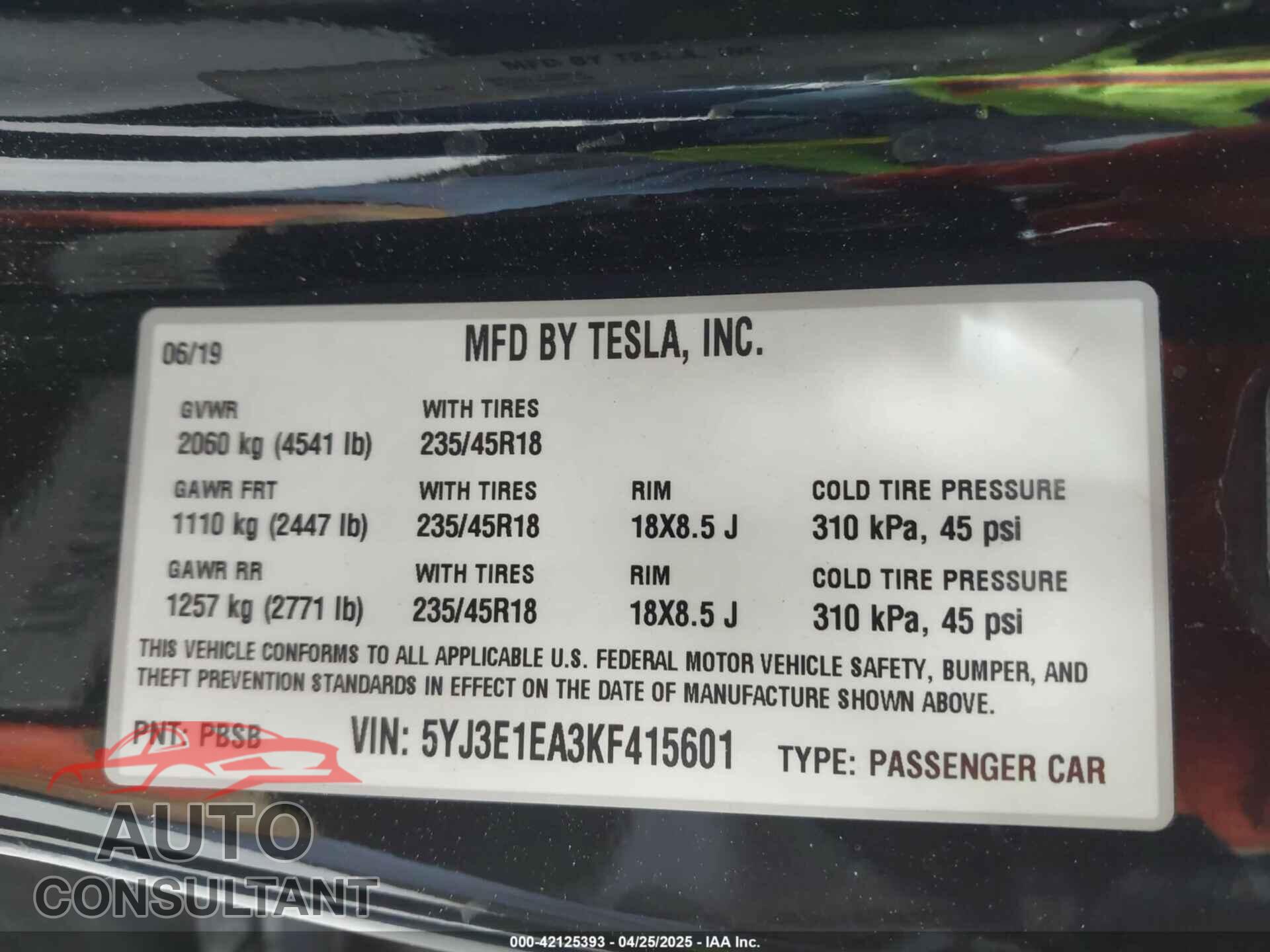 TESLA MODEL 3 2019 - 5YJ3E1EA3KF415601