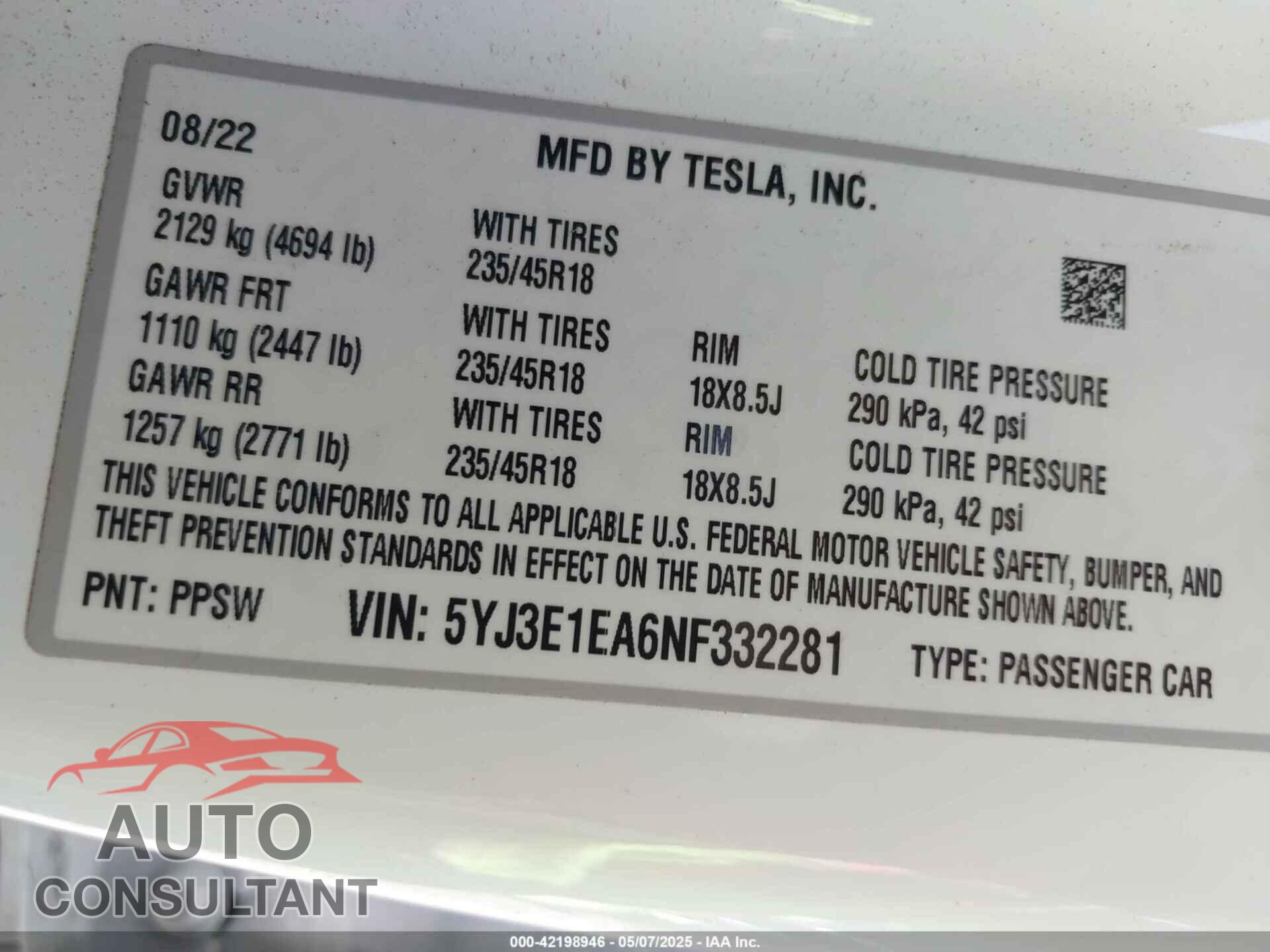 TESLA MODEL 3 2022 - 5YJ3E1EA6NF332281