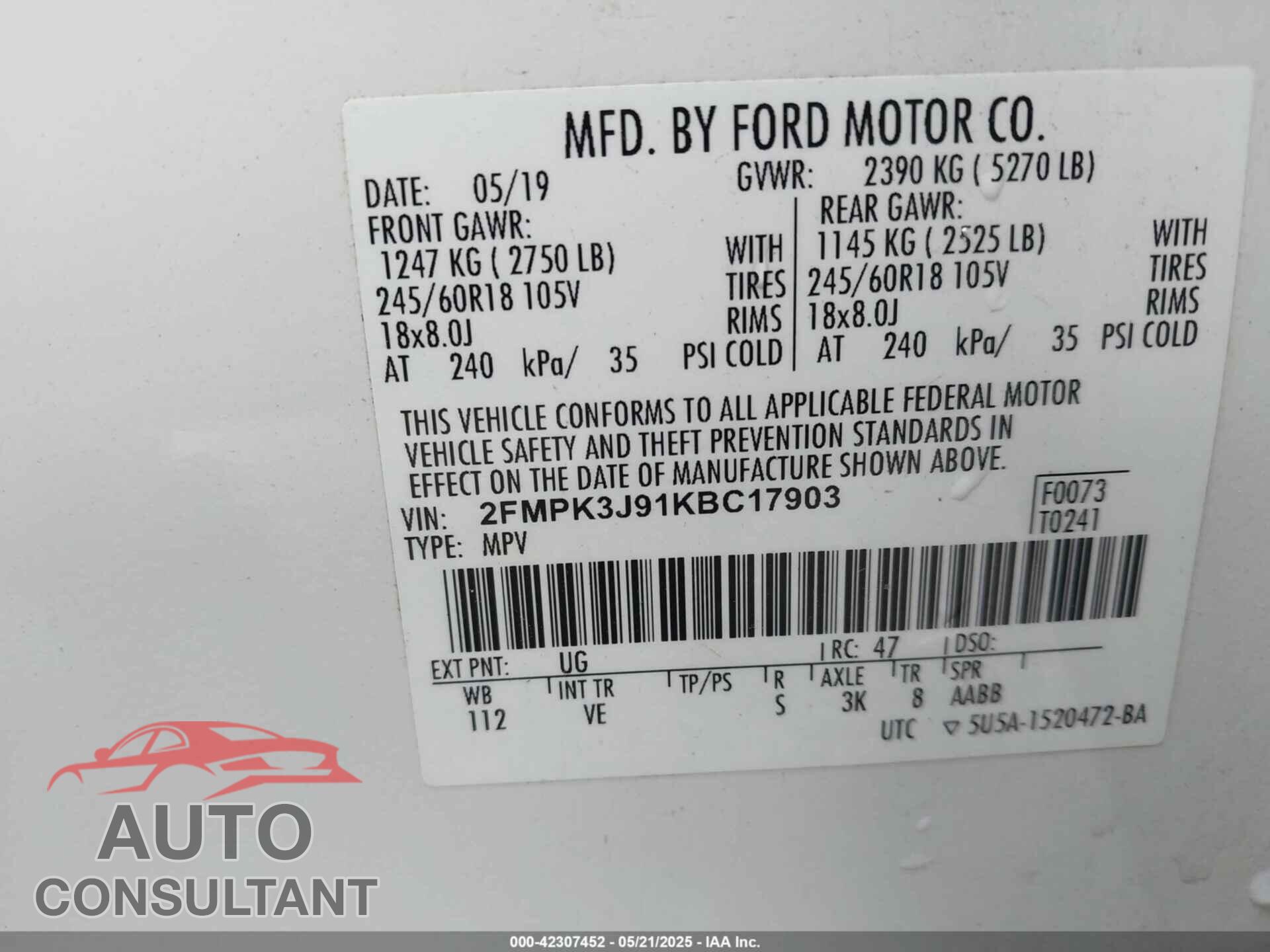 FORD EDGE 2019 - 2FMPK3J91KBC17903