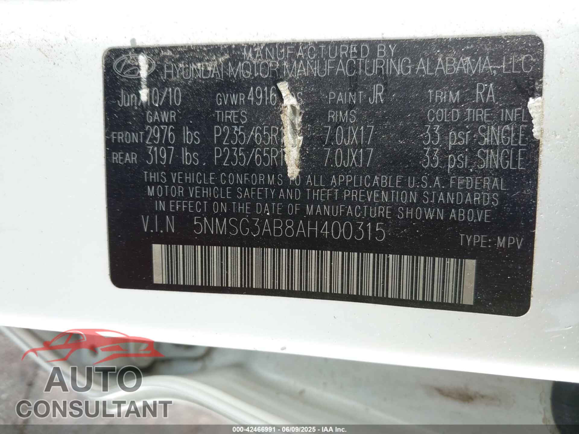 HYUNDAI SANTA FE 2010 - 5NMSG3AB8AH400315