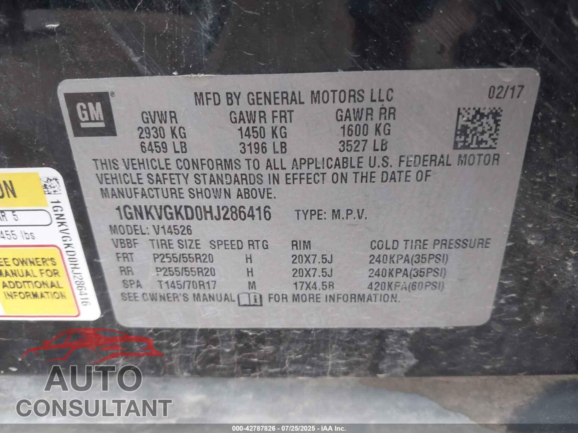 CHEVROLET TRAVERSE 2017 - 1GNKVGKD0HJ286416