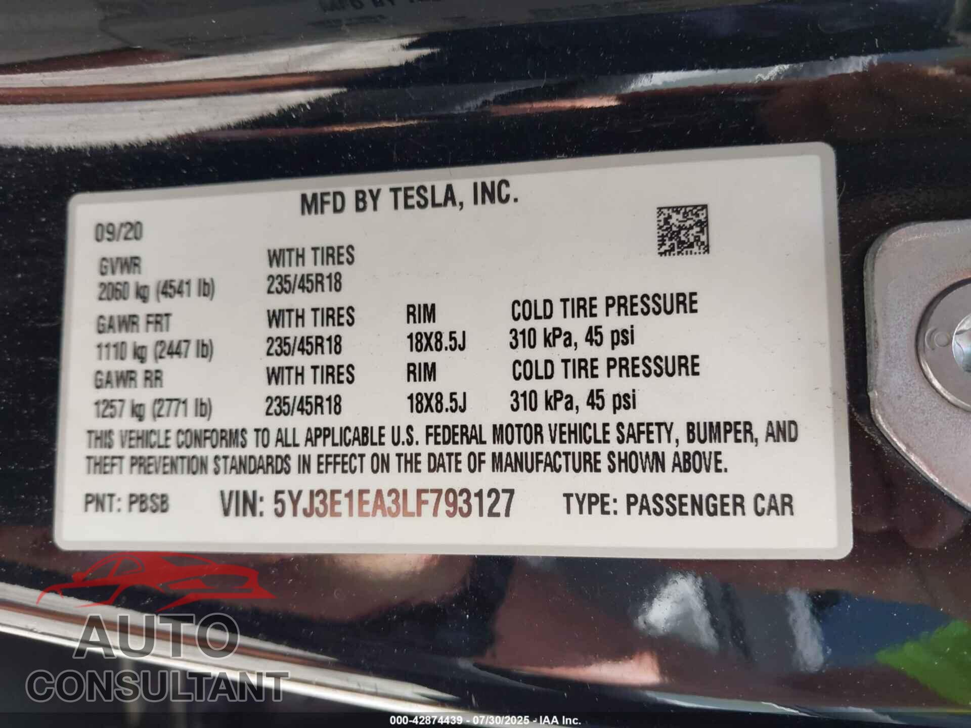 TESLA MODEL 3 2020 - 5YJ3E1EA3LF793127