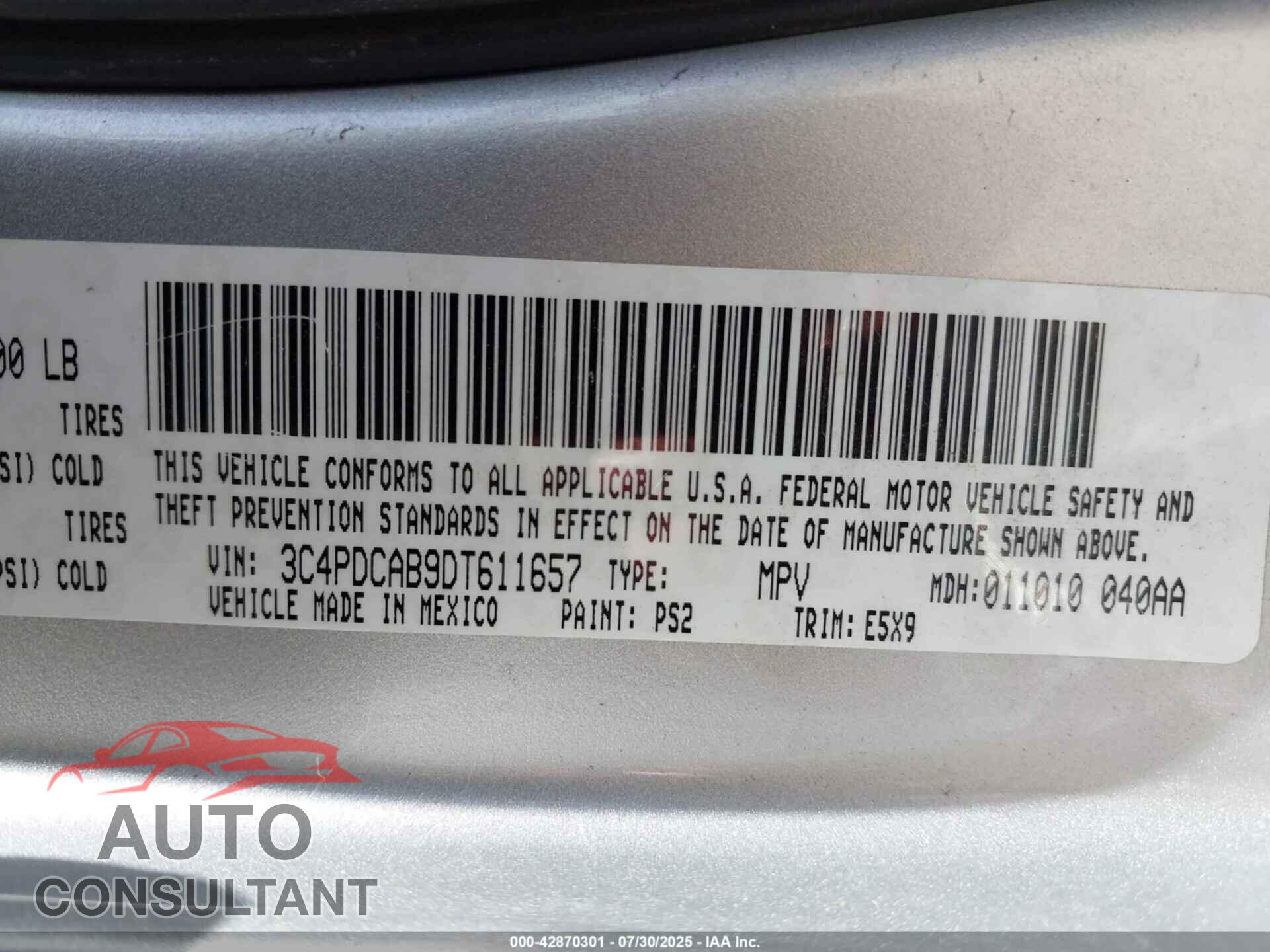DODGE JOURNEY 2013 - 3C4PDCAB9DT611657