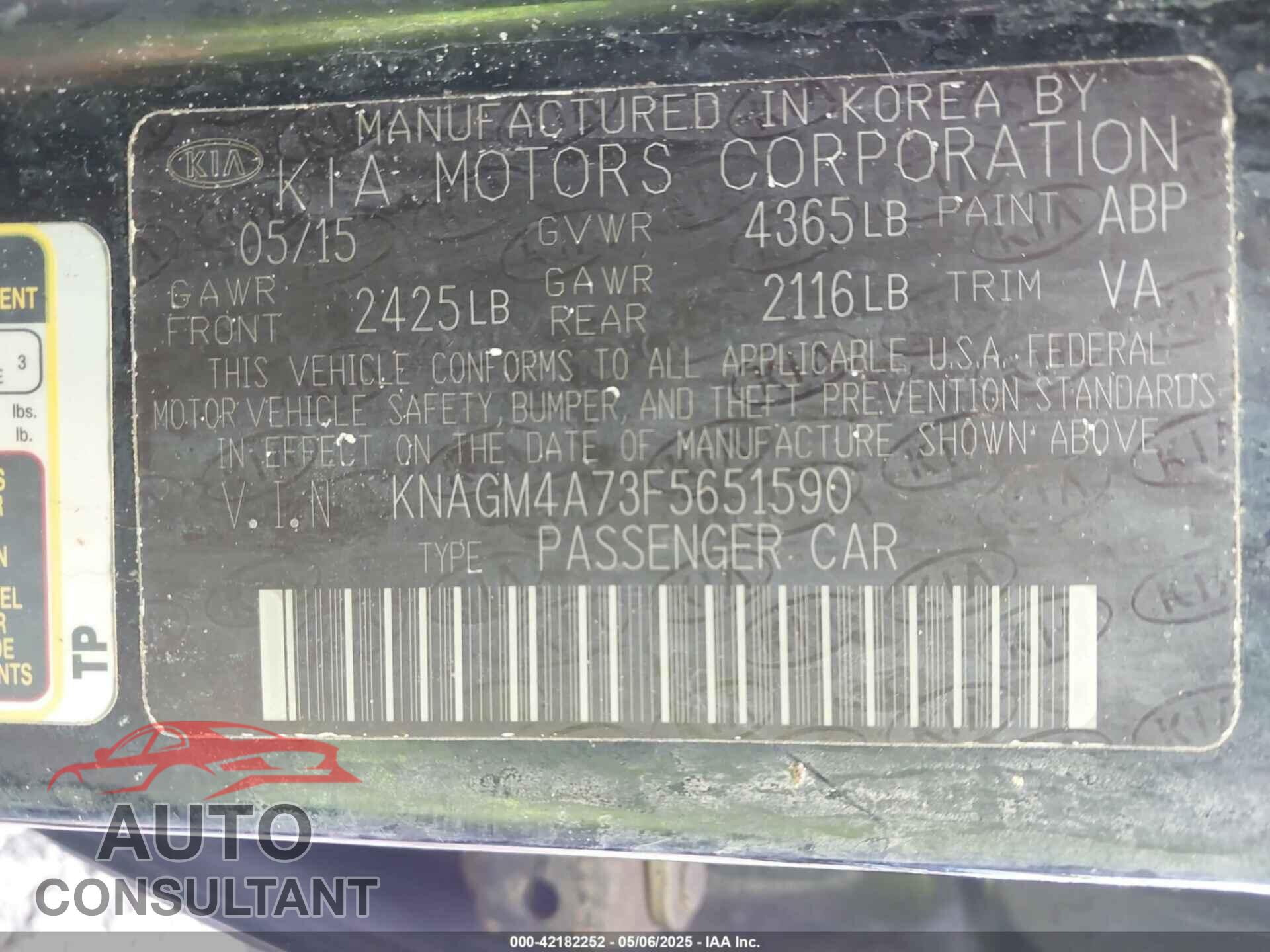 KIA OPTIMA 2015 - KNAGM4A73F5651590