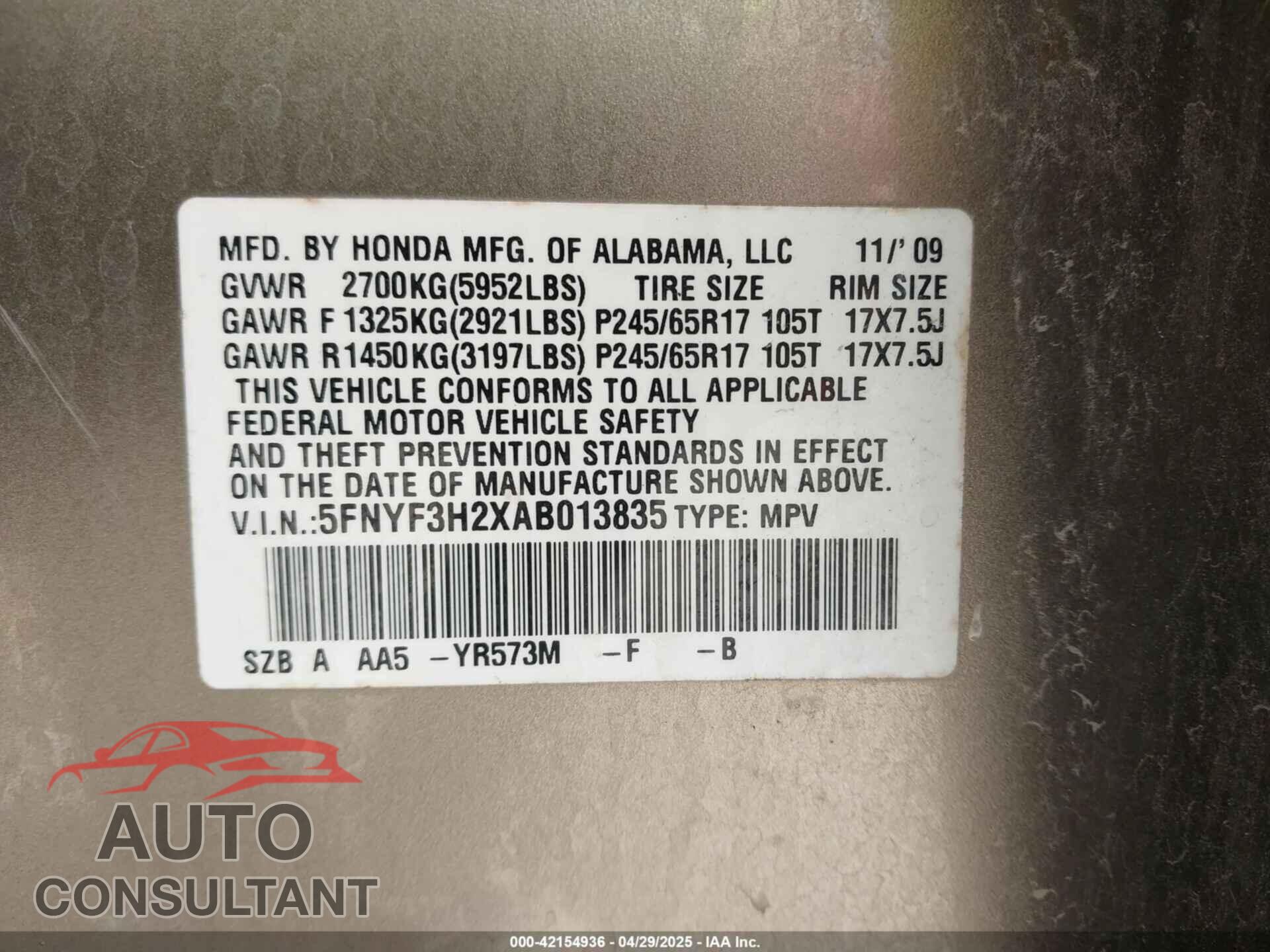 HONDA PILOT 2010 - 5FNYF3H2XAB013835