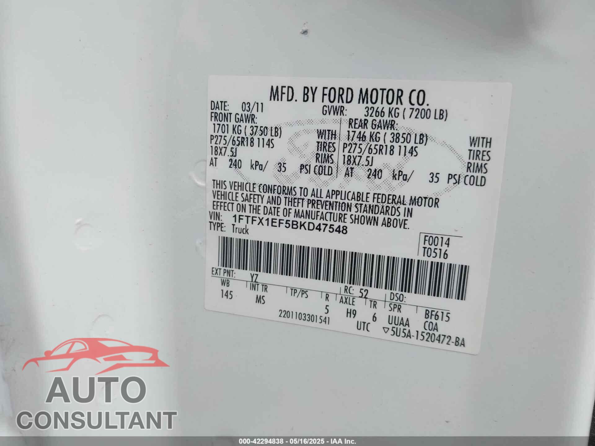 FORD F-150 2011 - 1FTFX1EF5BKD47548