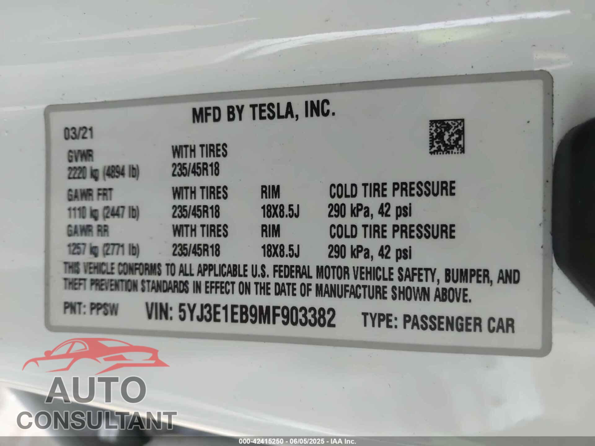 TESLA MODEL 3 2021 - 5YJ3E1EB9MF903382