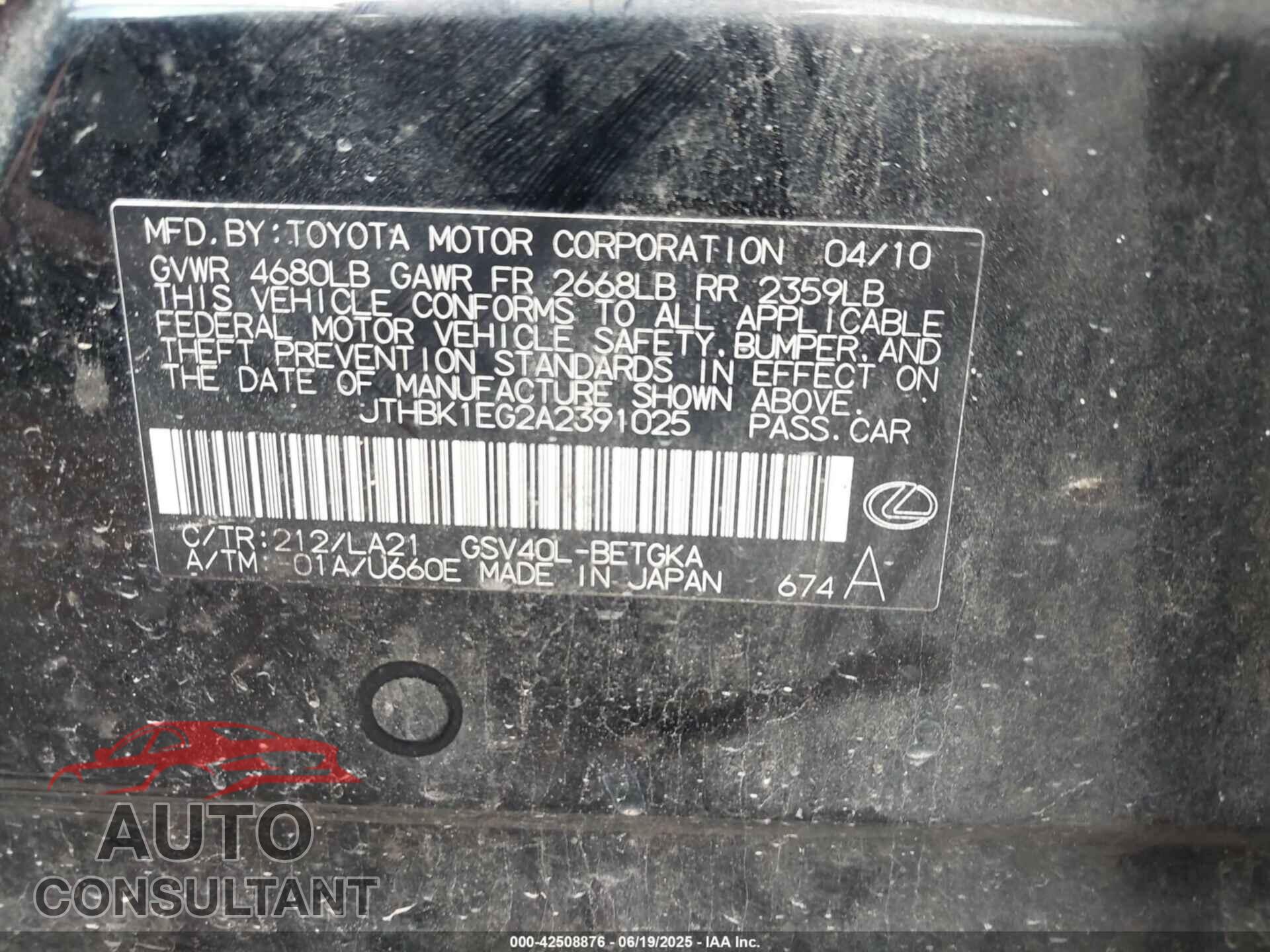 LEXUS ES 350 2010 - JTHBK1EG2A2391025