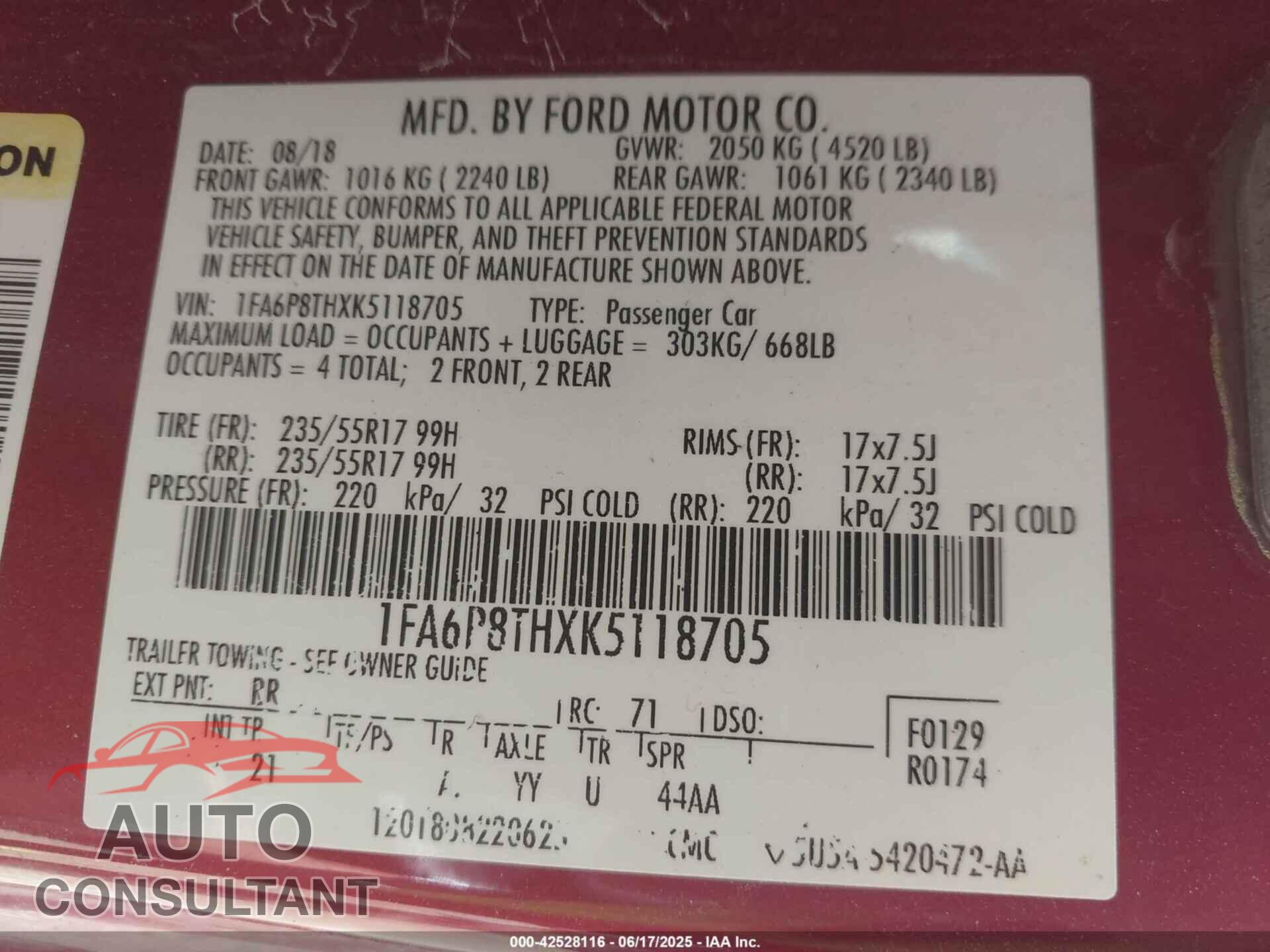 FORD MUSTANG 2019 - 1FA6P8THXK5118705