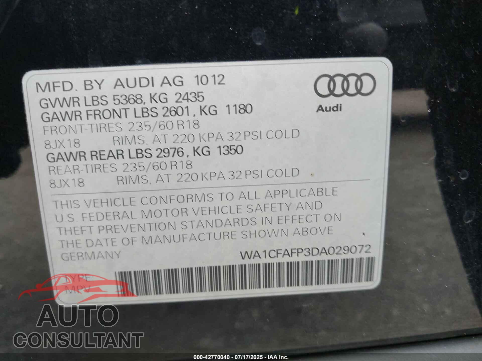 AUDI Q5 2013 - WA1CFAFP3DA029072