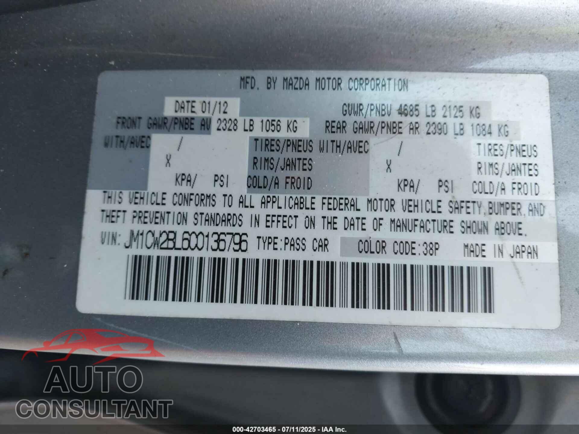 MAZDA MAZDA5 2012 - JM1CW2BL6C0136796