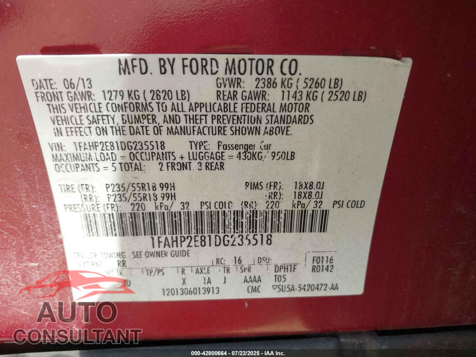FORD TAURUS 2013 - 1FAHP2E81DG235518