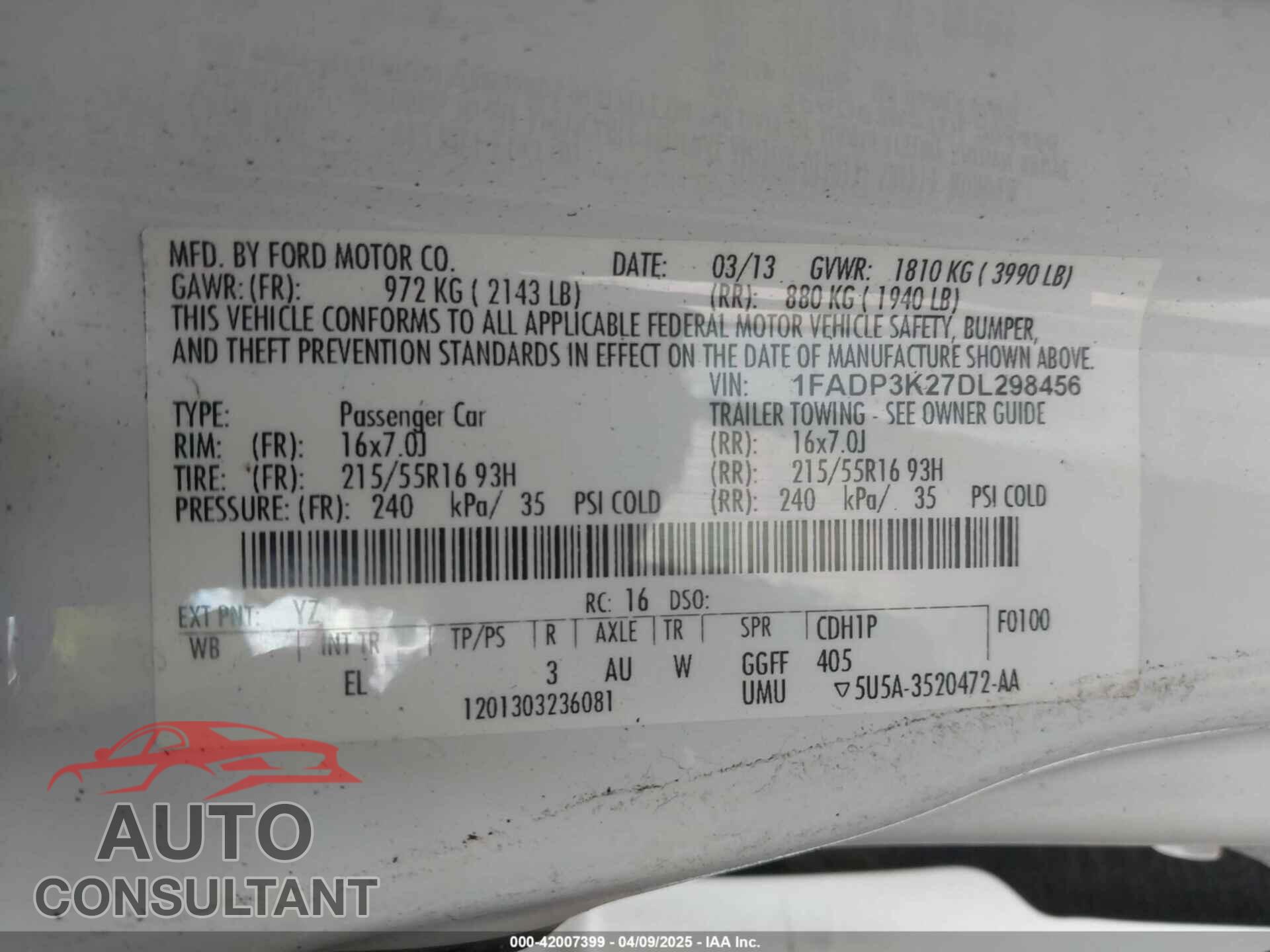FORD FOCUS 2013 - 1FADP3K27DL298456