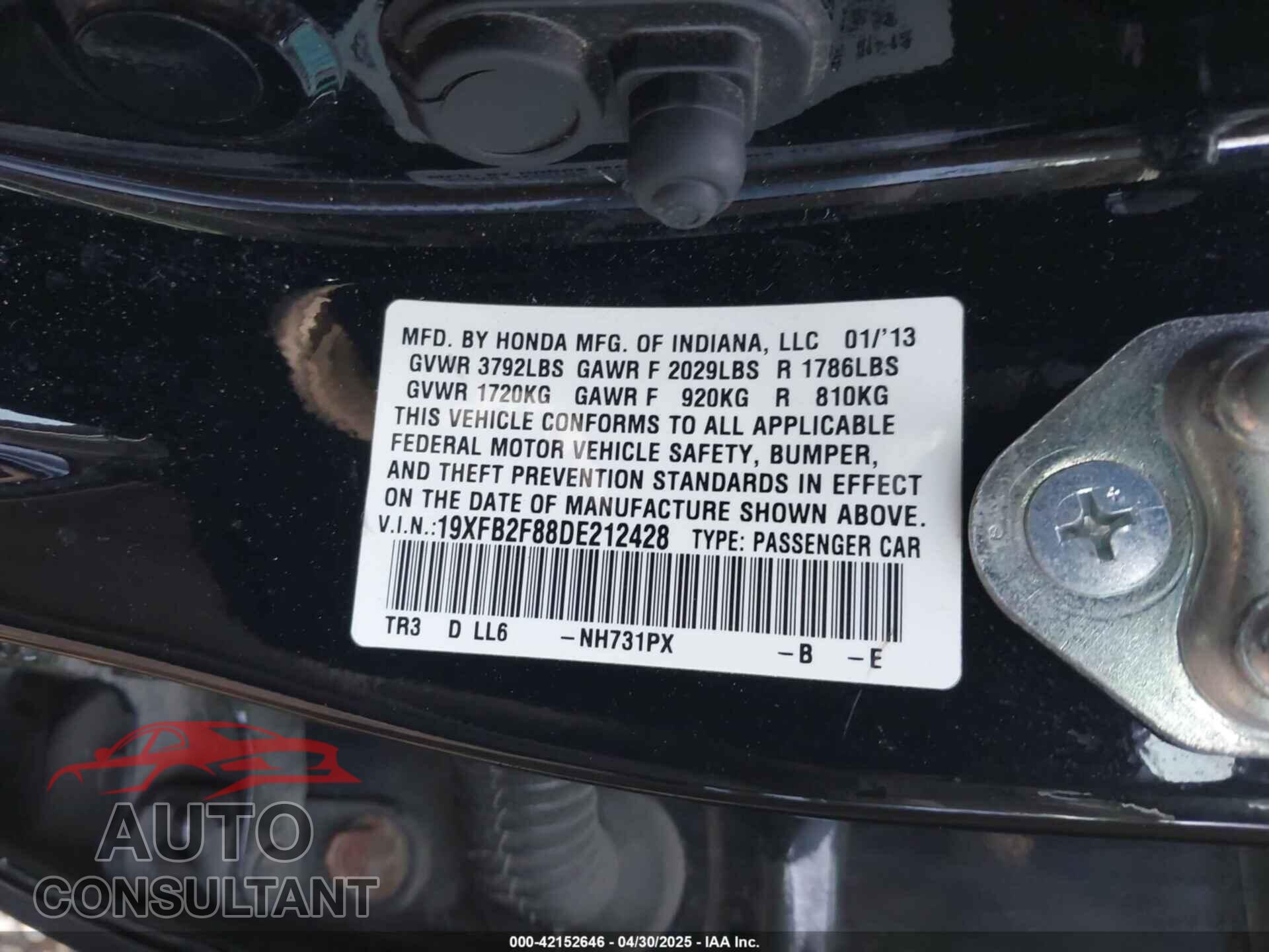 HONDA CIVIC 2013 - 19XFB2F88DE212428