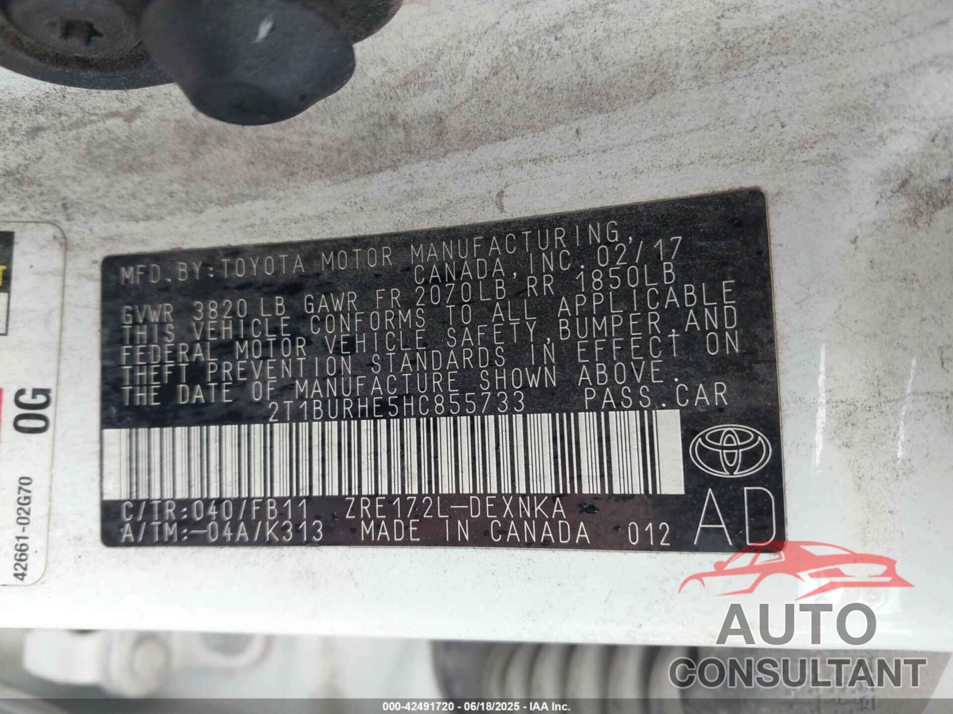 TOYOTA COROLLA 2017 - 2T1BURHE5HC855733