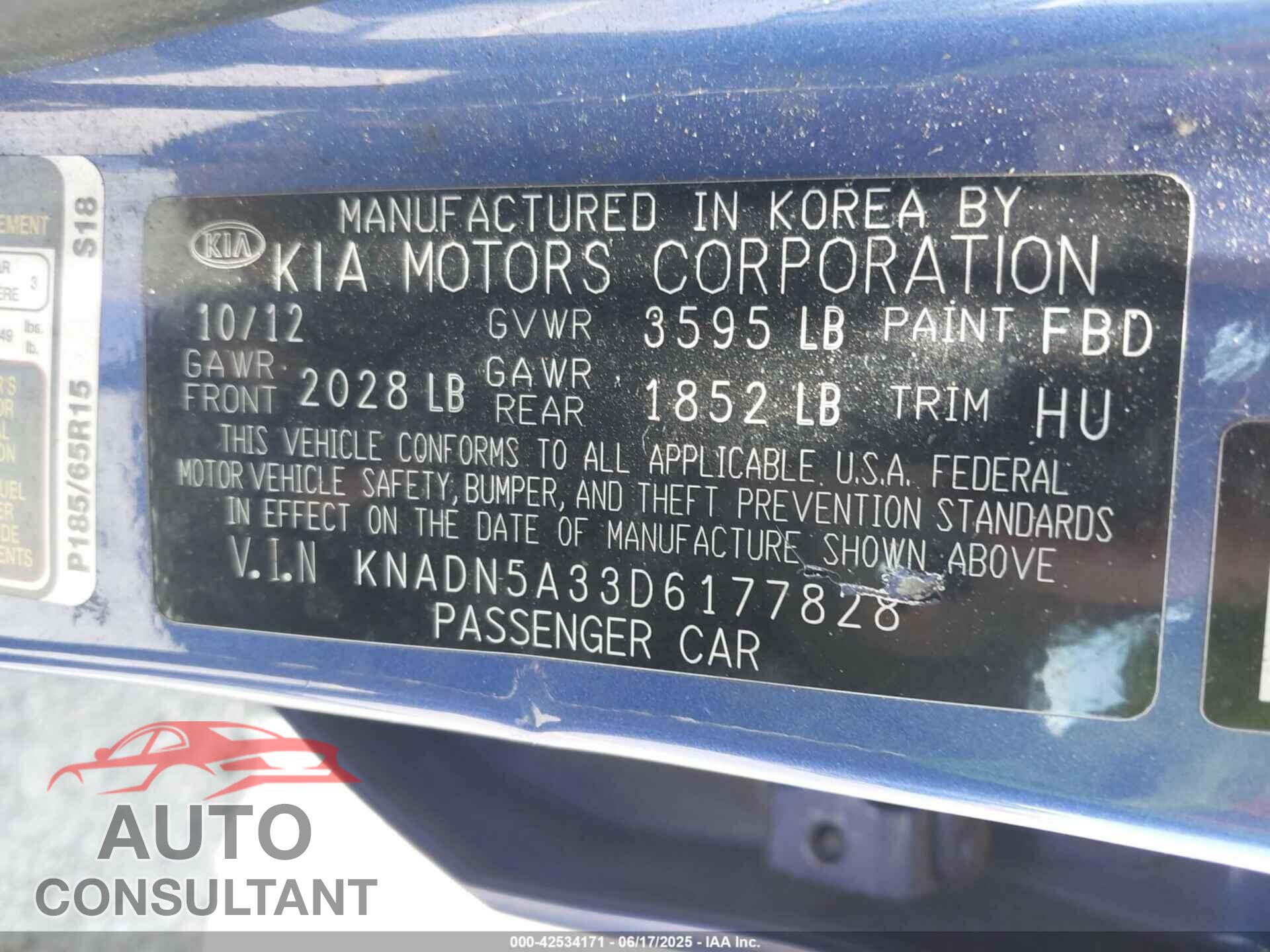 KIA RIO 2013 - KNADN5A33D6177828