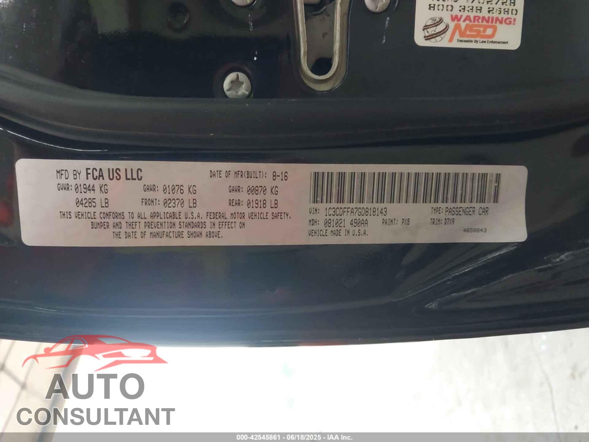 DODGE DART 2016 - 1C3CDFFA7GD818143