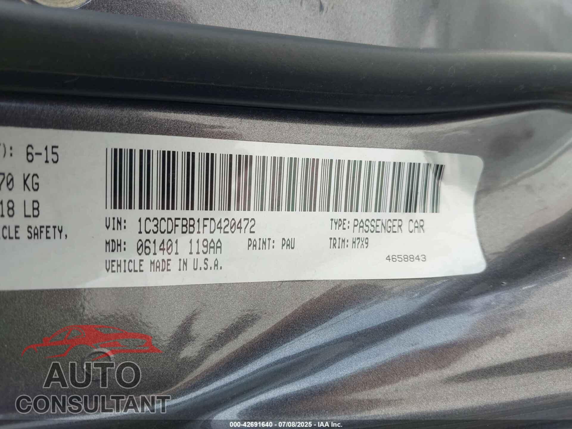 DODGE DART 2015 - 1C3CDFBB1FD420472