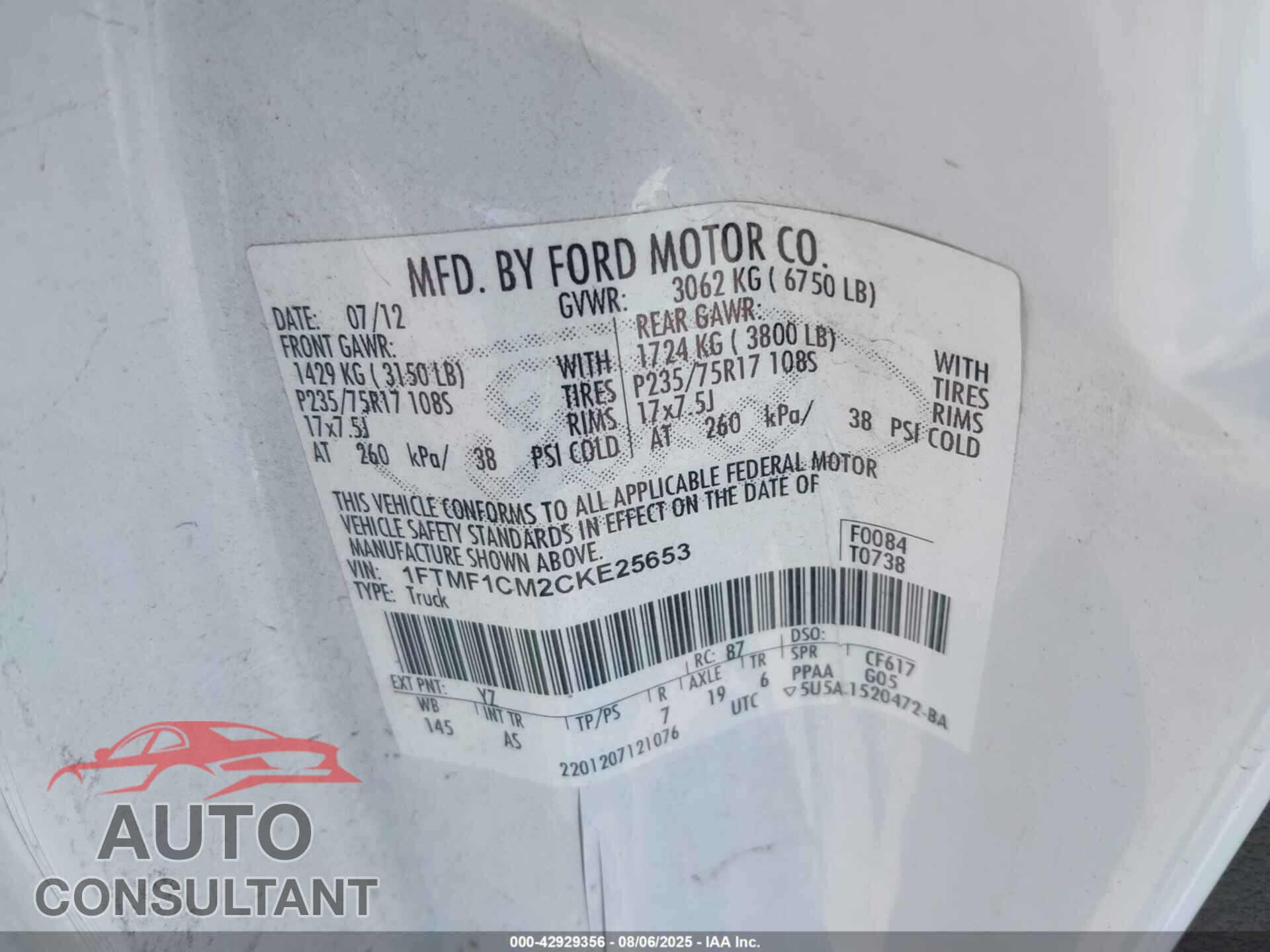 FORD F-150 2012 - 1FTMF1CM2CKE25653