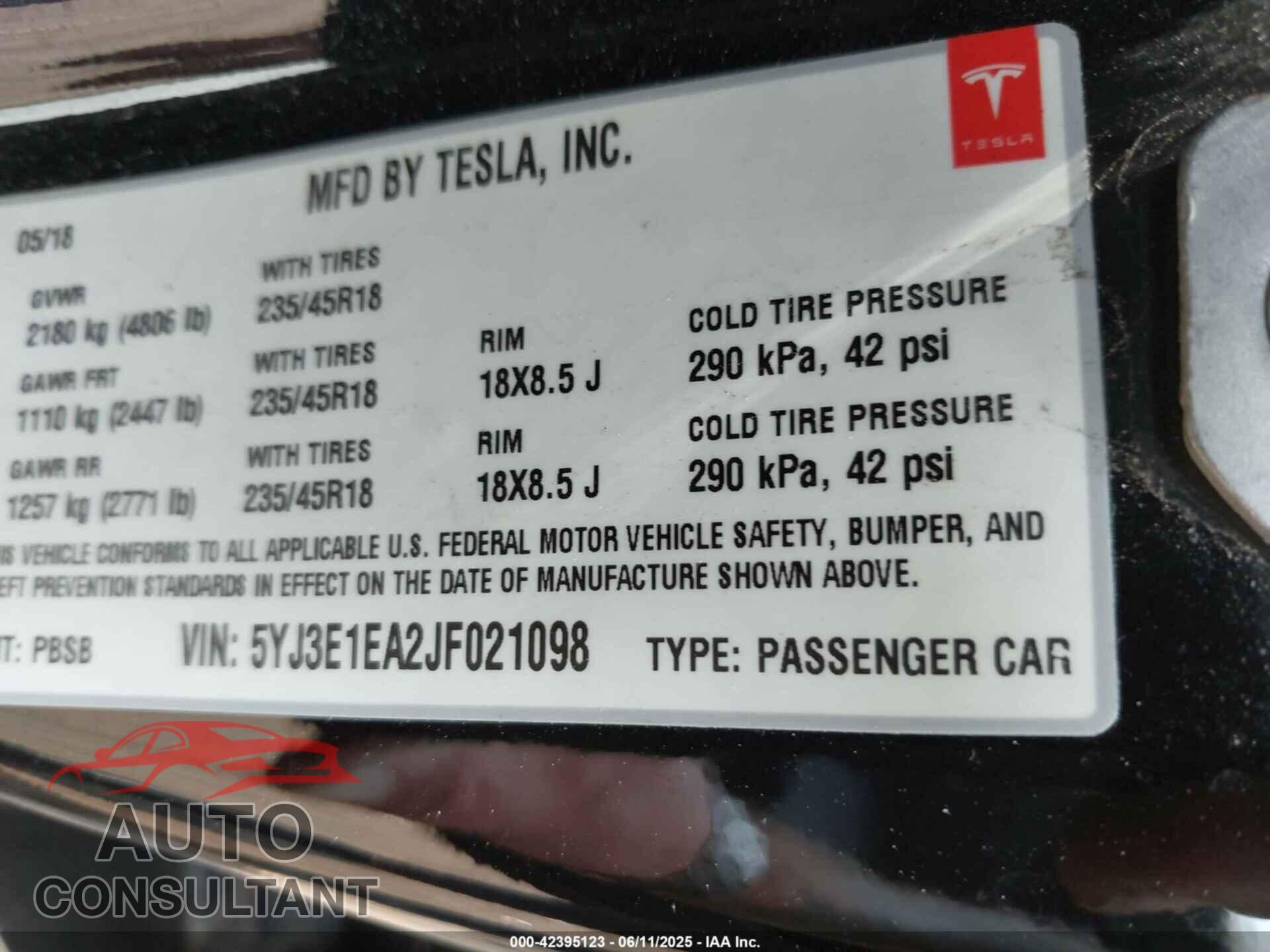 TESLA MODEL 3 2018 - 5YJ3E1EA2JF021098