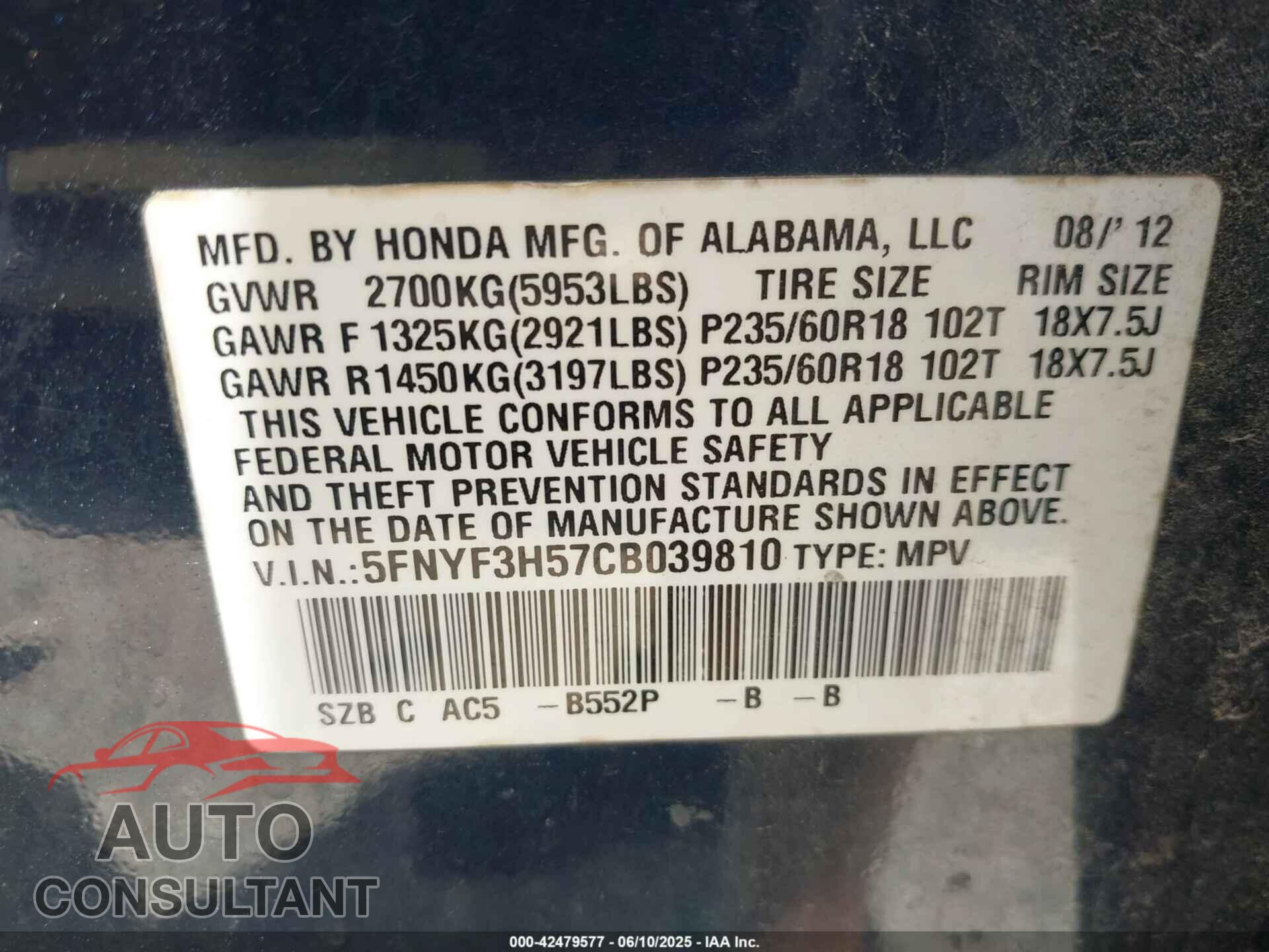 HONDA PILOT 2012 - 5FNYF3H57CB039810