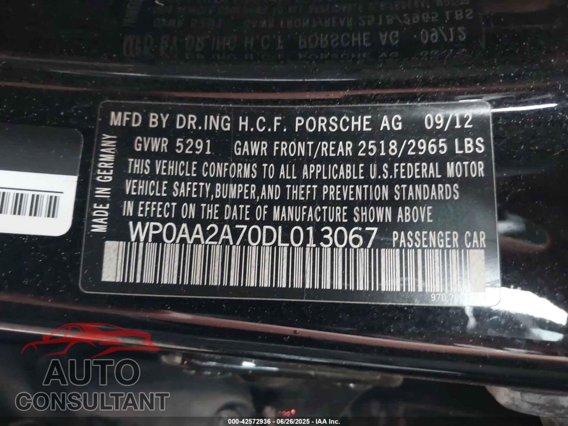 PORSCHE PANAMERA 2013 - WP0AA2A70DL013067