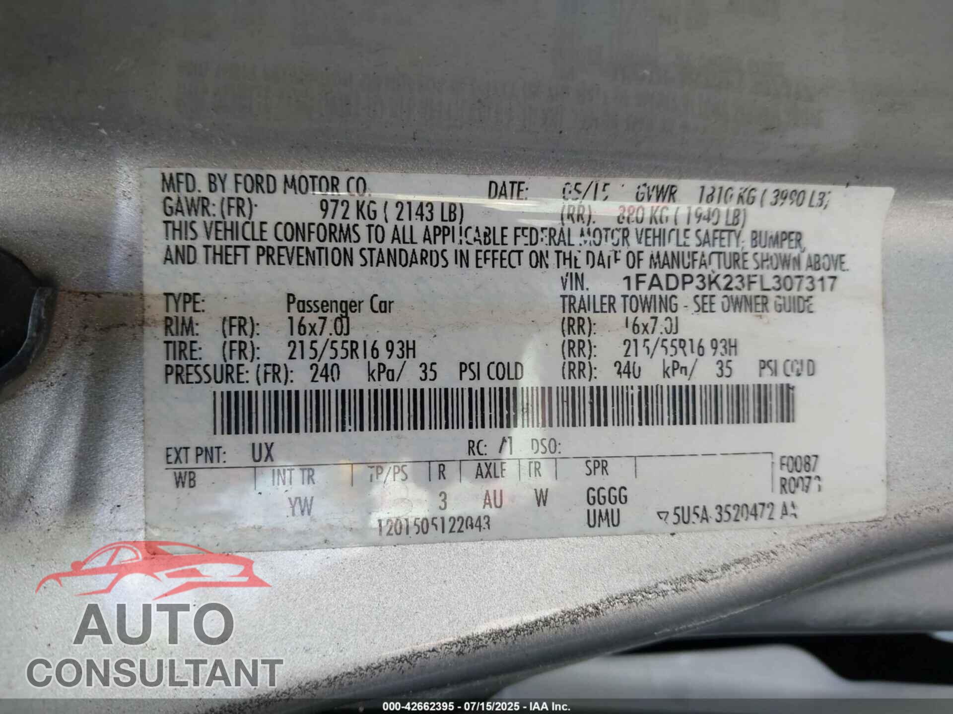 FORD FOCUS 2015 - 1FADP3K23FL307317