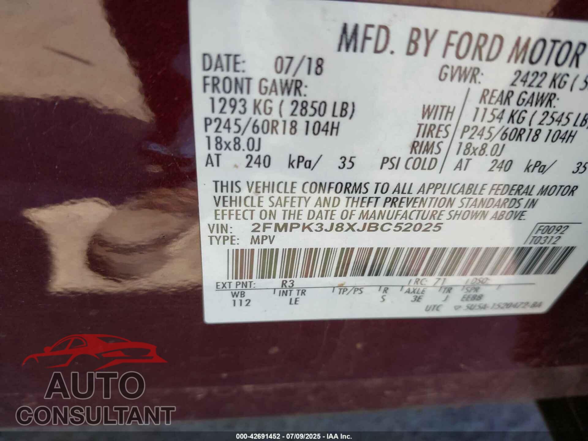 FORD EDGE 2018 - 2FMPK3J8XJBC52025
