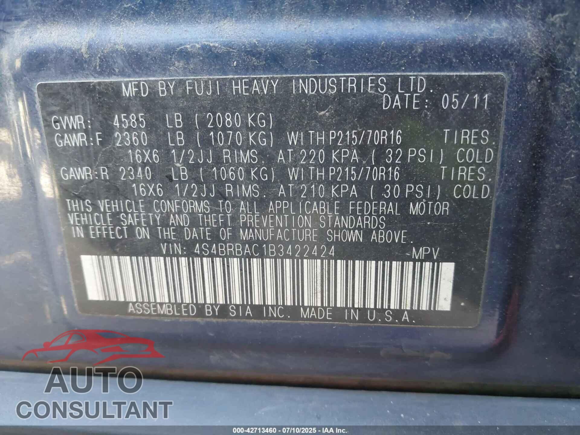 SUBARU OUTBACK 2011 - 4S4BRBAC1B3422424