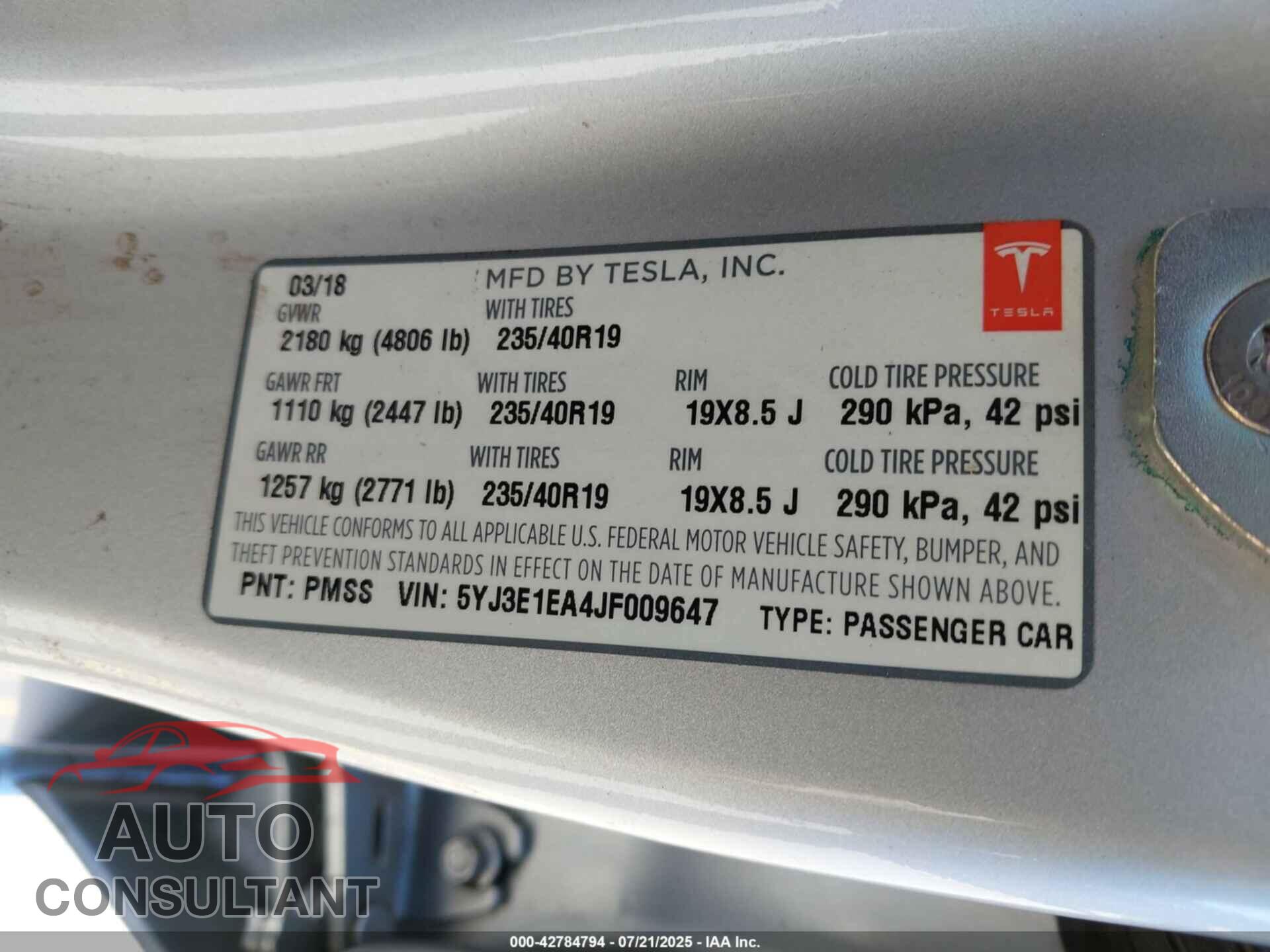 TESLA MODEL 3 2018 - 5YJ3E1EA4JF009647